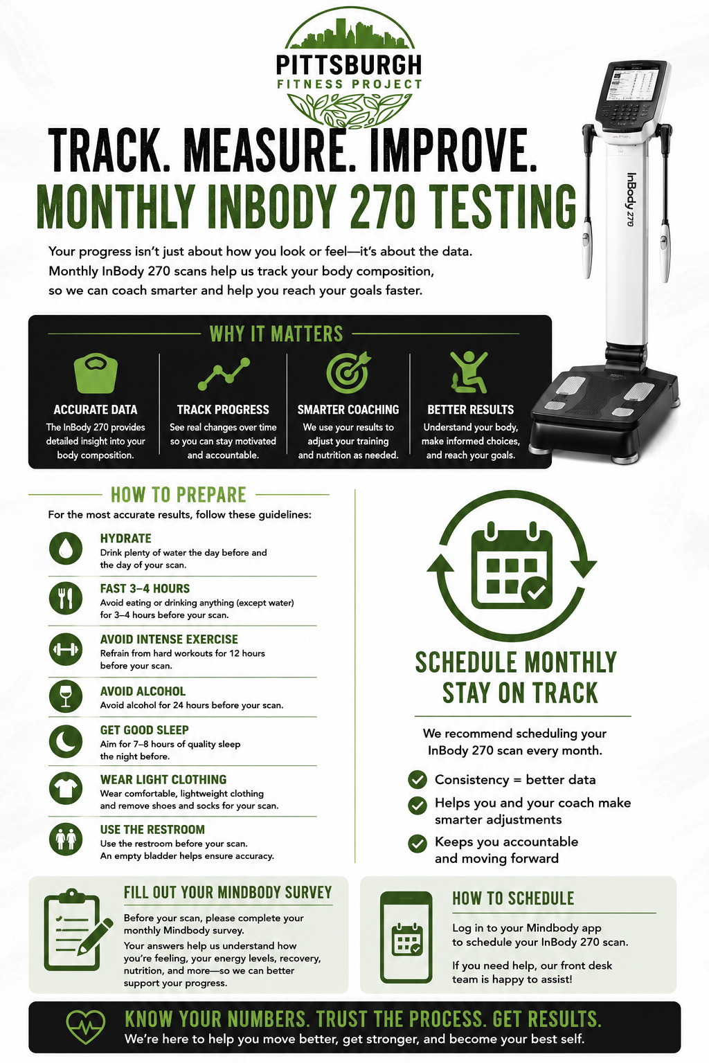 PFP InBody 270 Poster: Track, Measure, Improve. Accurate data, track progress, smarter coaching, better results. Prepare by hydrating, fasting 3-4 hours before, avoiding alcohol and intense exercise, getting sleep, wearing light clothes.