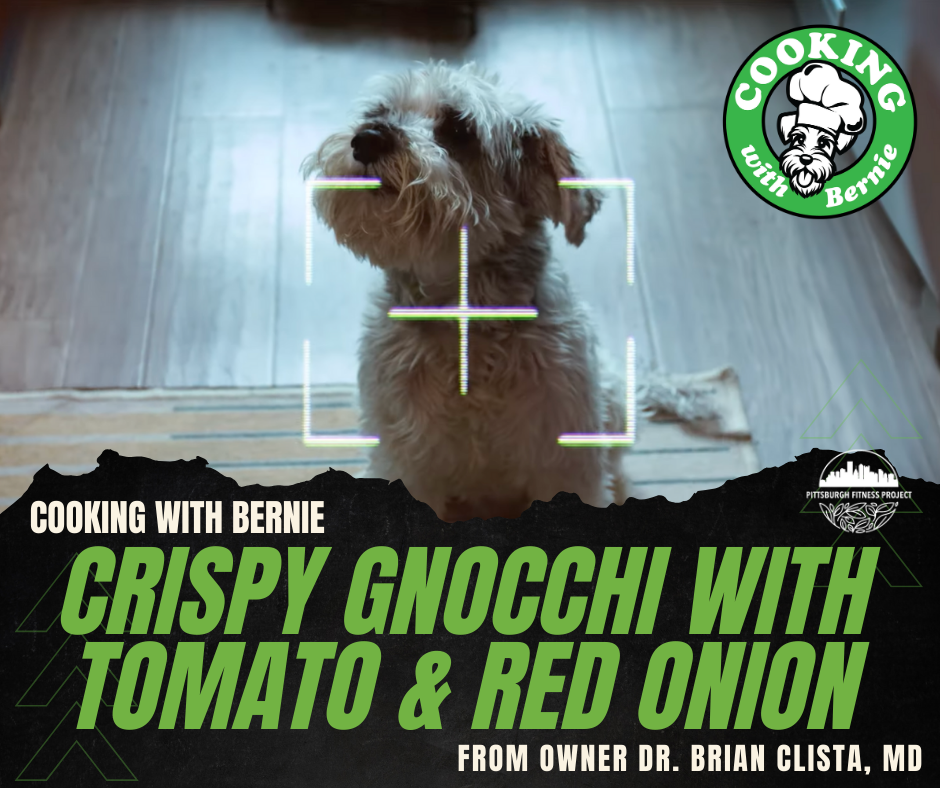 BLOG GRAPHIC: CRISPY GNOCCHI WITH TOMATO & RED ONION. Image of "chef" Bernie the dog, sitting on the floor.