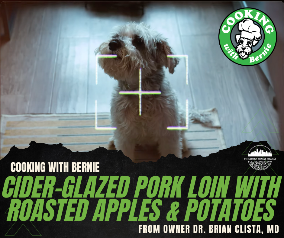 BLOG GRAPHIC: CIDER-GLAZED PORK LOIN WITH ROASTED APPLES & POTATOES. Image of "chef" Bernie the dog, sitting on the floor.