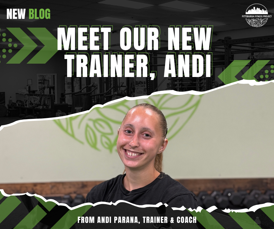 BLOG GRAPHIC: MEET OUR NEW TRAINER, ANDI. Headshot of new PFP trainer, Andi.