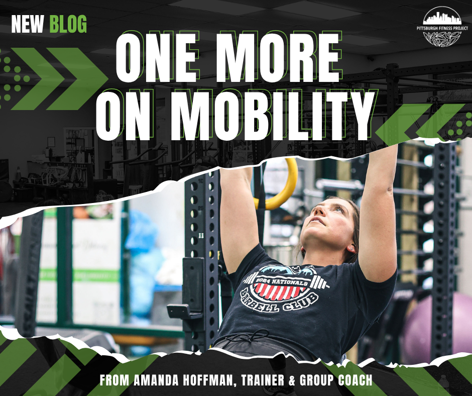 BLOG GRAPHIC: ONE MORE ON MOBILITY. Image of trainer Amanda doing a dumbbell press.
