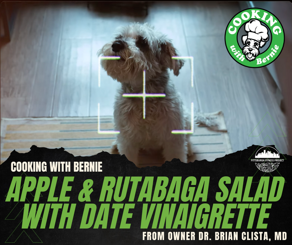 BLOG GRAPHIC: APPLE & RUTABAGA SALAD WITH DATE VINAIGRETTE.  Image of "chef" Bernie the dog, sitting on the floor.