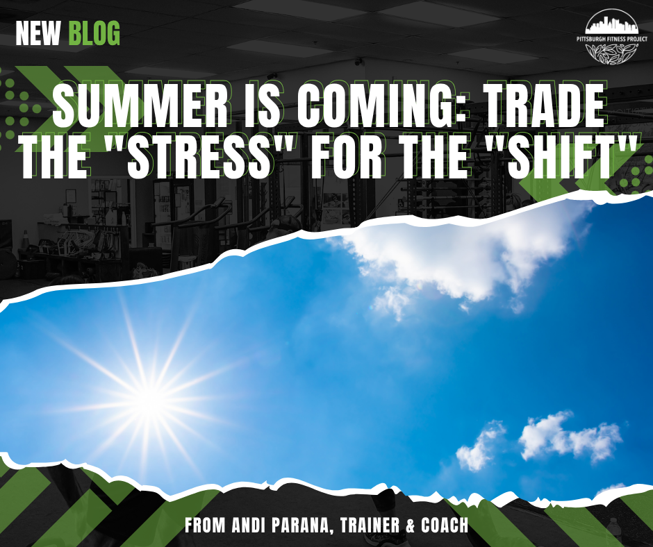BLOG GRAPHIC: SUMMER IS COMING: TRADE THE STRESS FOR THE SHIFT. Image of a sunny, blue sky, from Canva Pro.