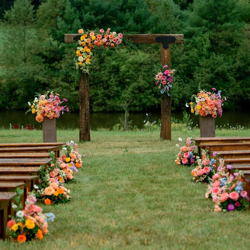 Hanna &amp; Jack&rsquo;s day was a masterpiece of personal meaning. Around the arbor they built overlooking the pond at their farm, we built a world of color against the stormy New Hampshire horizon with vibrant zinnias, seasonal blooms from our farm