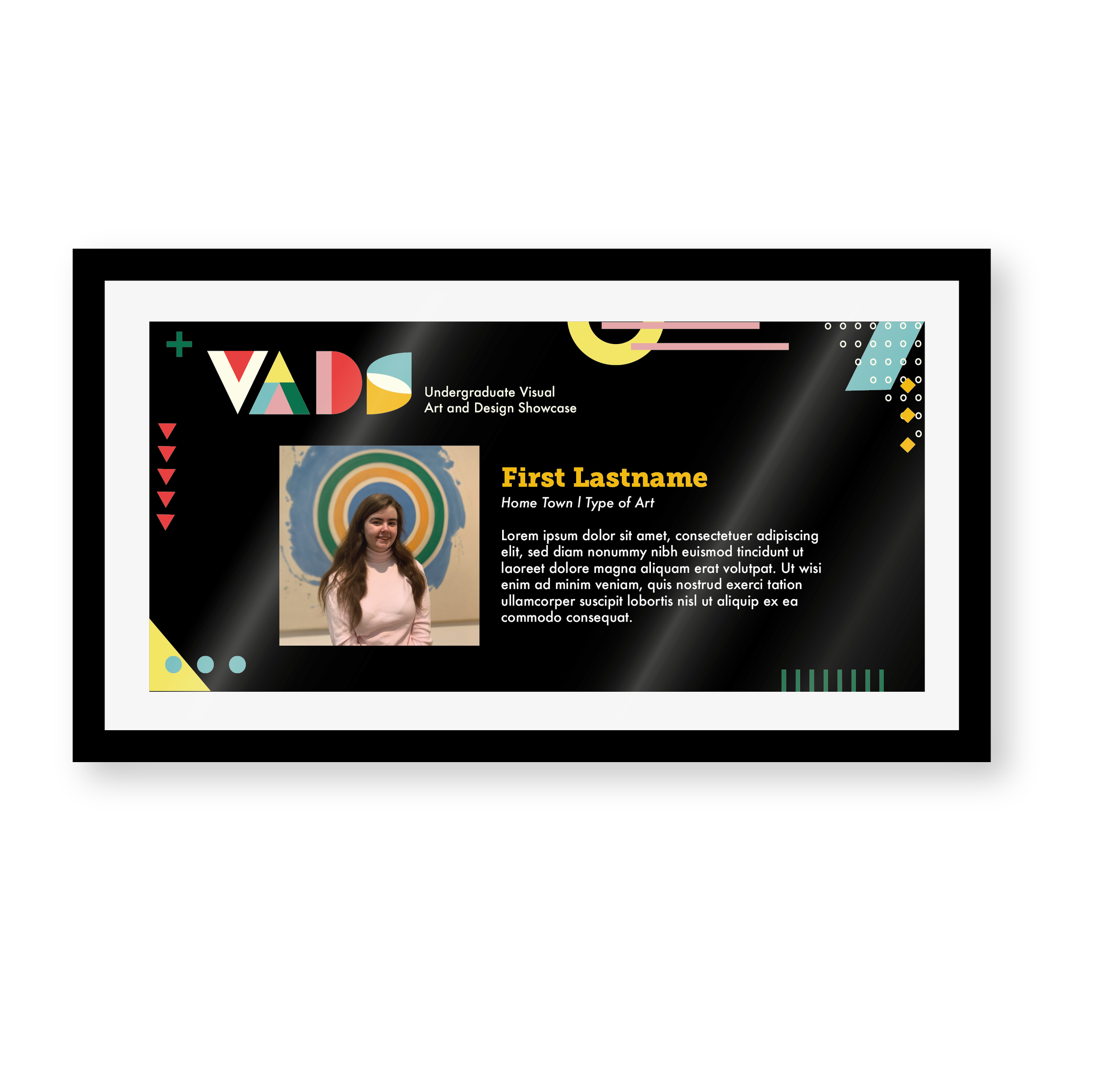 Name plaques were placed next to artworks hanging in the VADS gallery to give viewers information about the student artists and their works. 