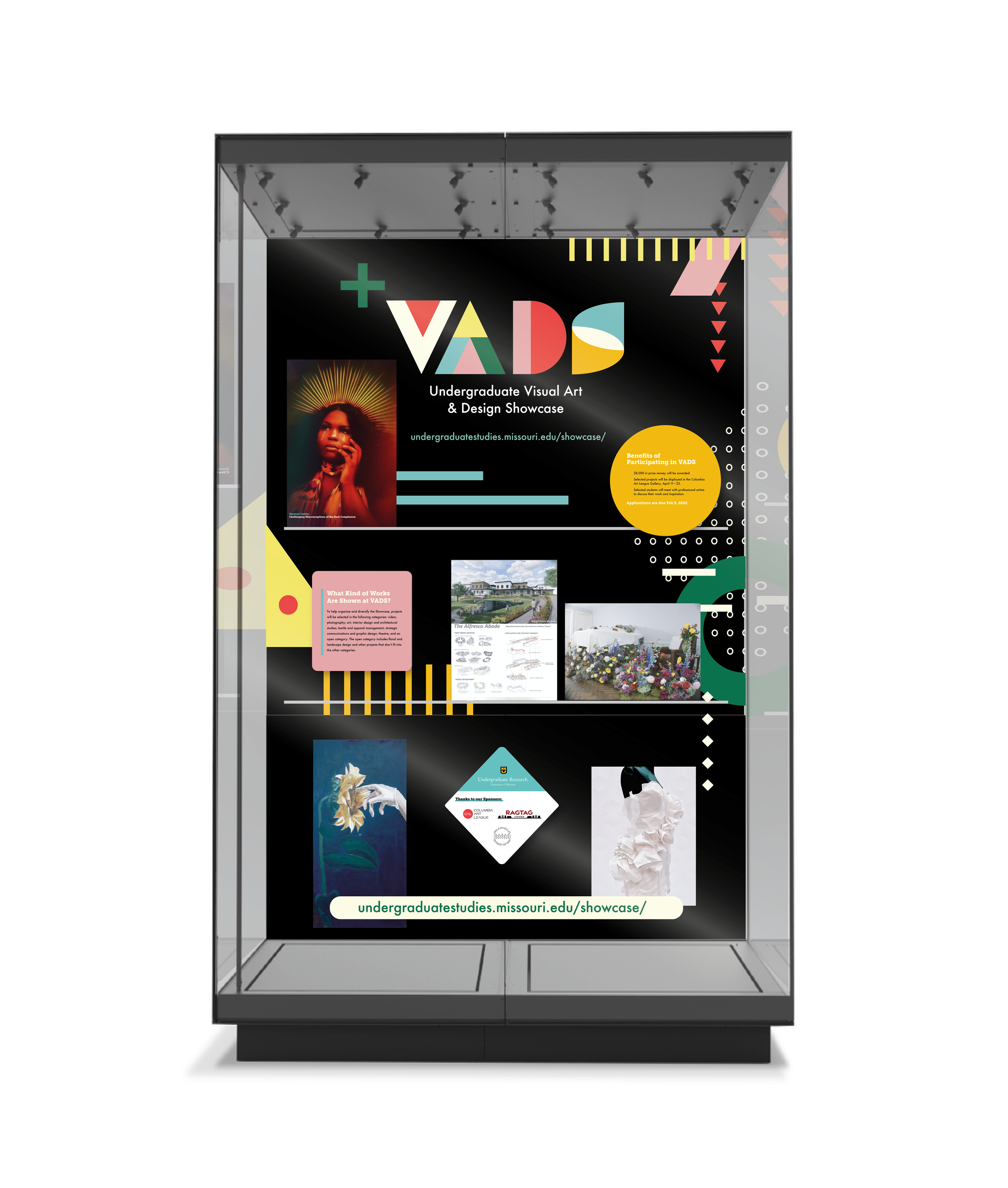 Mockup of a display case created in the Mizzou Library as a unique advertisement for VADS. The display case had three layers of components that served to emphasis certain information and create movement in the work.

Components: 
- Reusable poster of