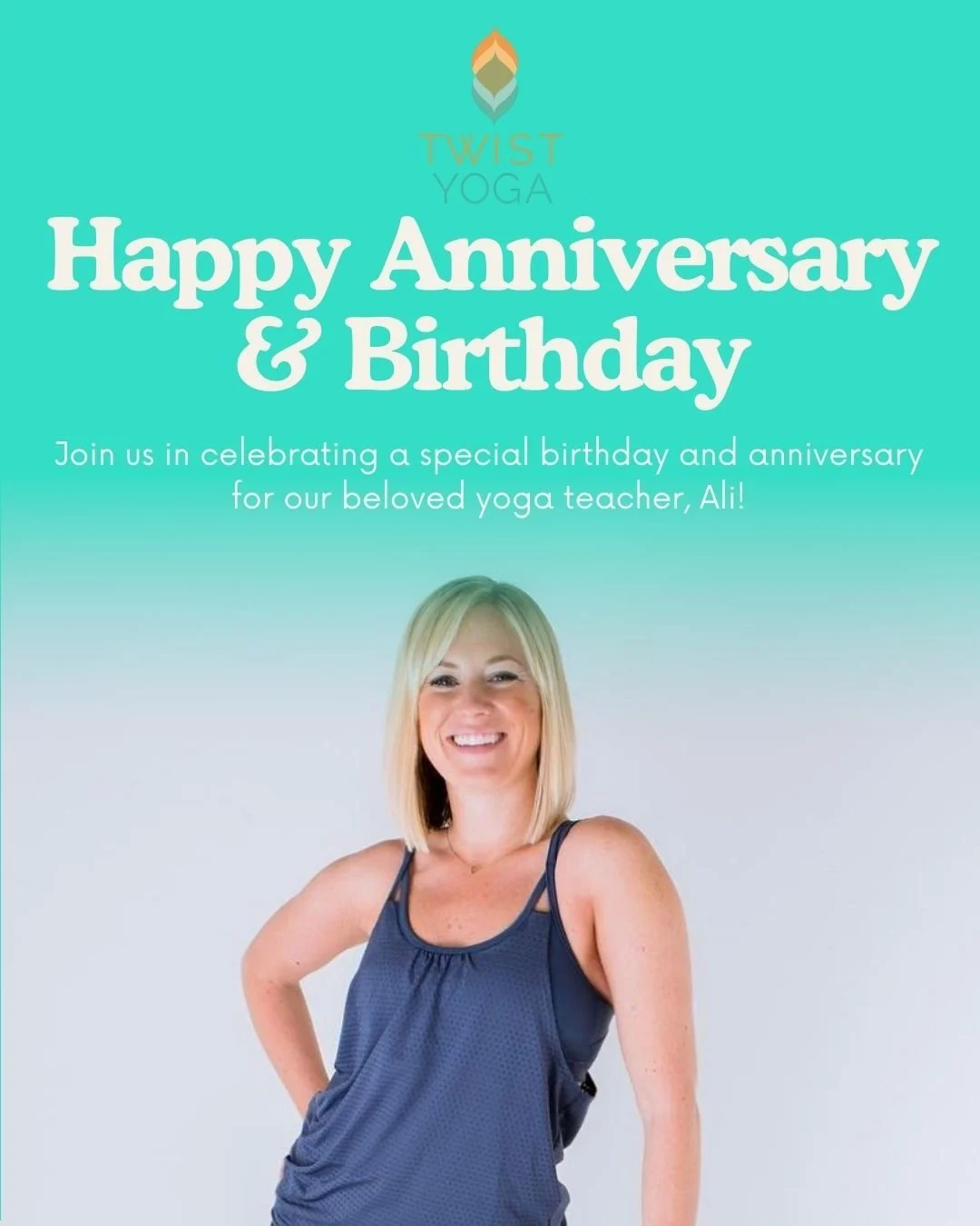 Double celebration today 🎉 Happy early birthday (her actual birthday is 1/1) and happy 13th anniversary of teaching yoga! Thank you for 13 years of inspiration, patience, and light. 💛 We love you, Ali!!