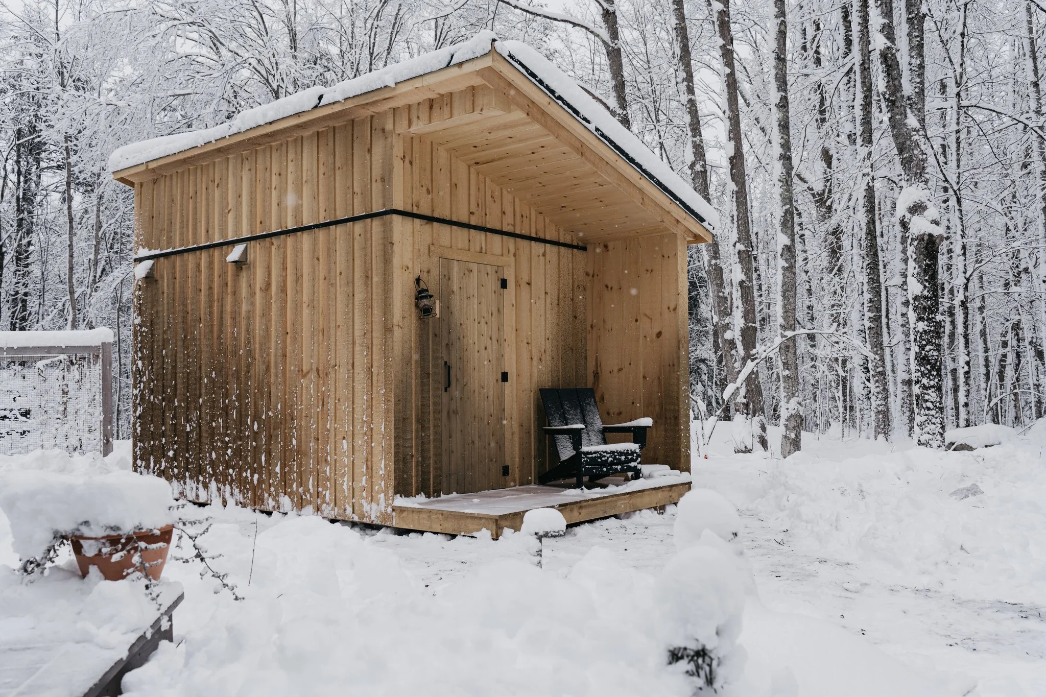 Small wooden shed on snow-covered ground in a winter forest with leafless trees in the background.
