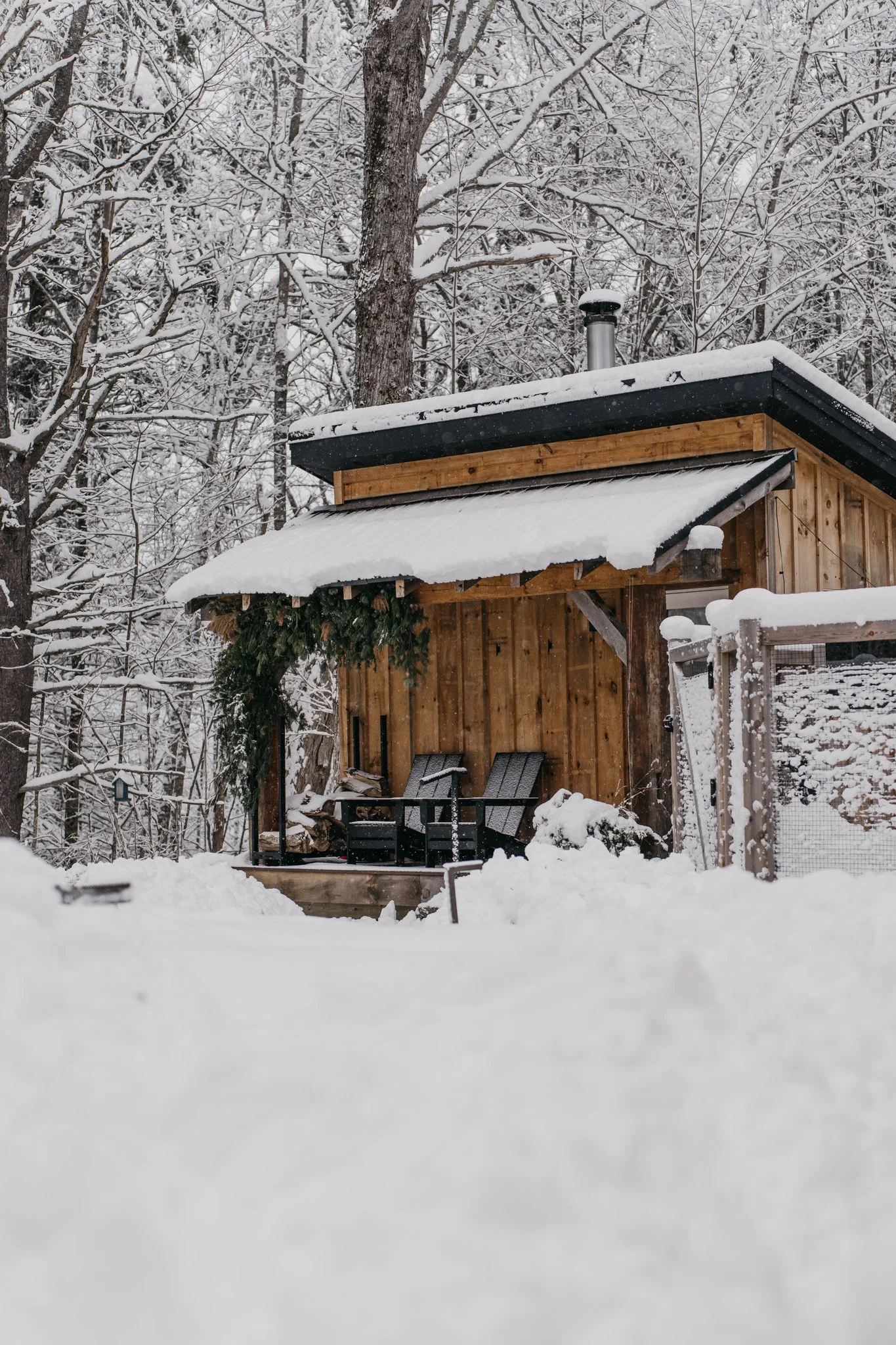 A wooden cabin with a snow-covered roof surrounded by a snow-covered forest with leafless trees.
