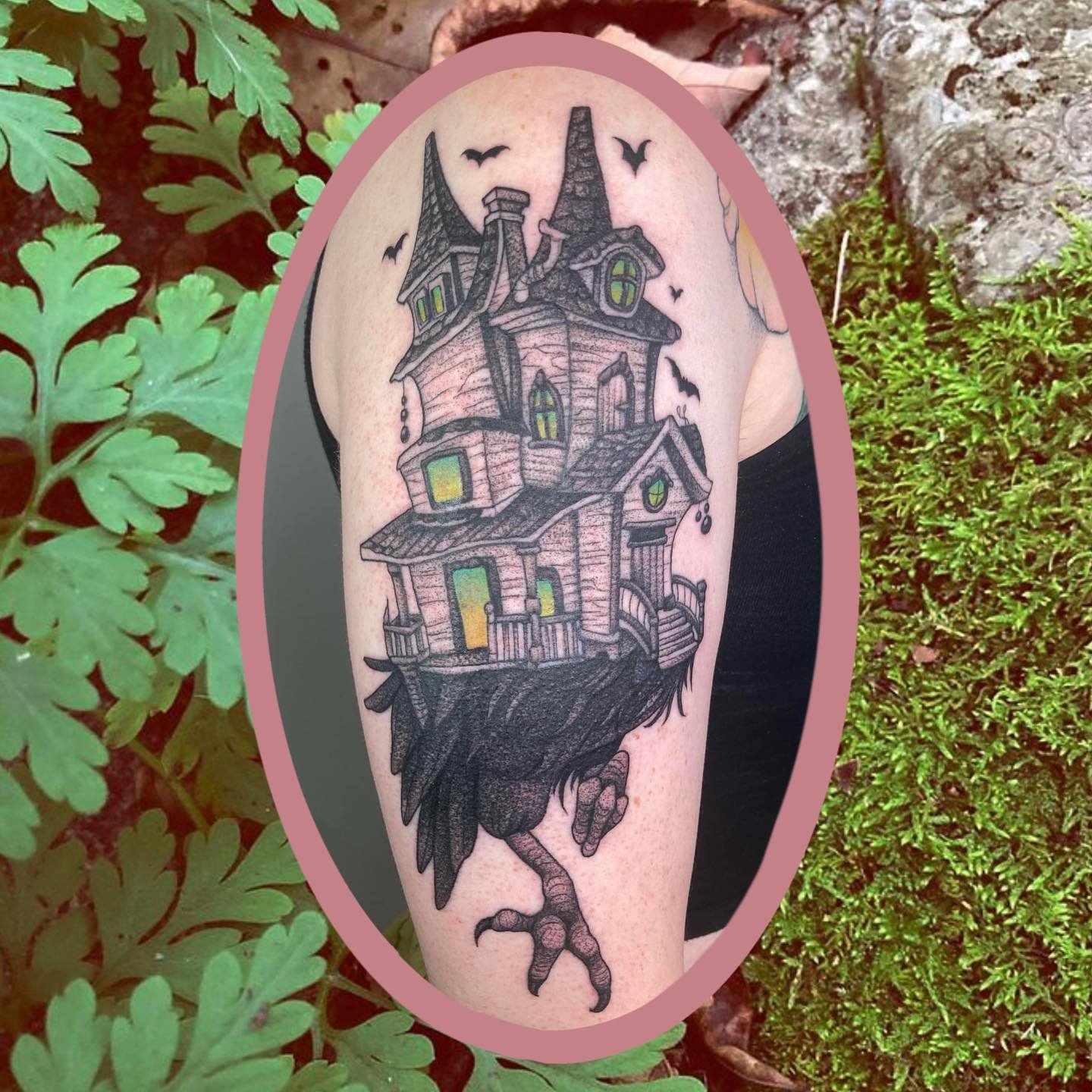 Baba Yaga for Niamh! Thanks so much for this one 🦅 

.
.
.
#moonberrytattoos #blackeleven #tattooartist #tattooer #queerartist #tattoo #inked #newtattoo #freshink #realtattoos #artistsoninstagram  #flashtattoo #cutetattoo #artnouveau #blackworkers #