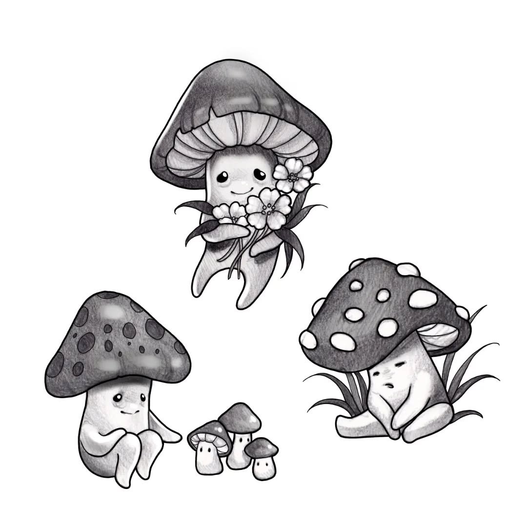 Some repeatable mushrooms guys available in colour or black and gray, colours are customizable! Shoot me a dm or email to book.