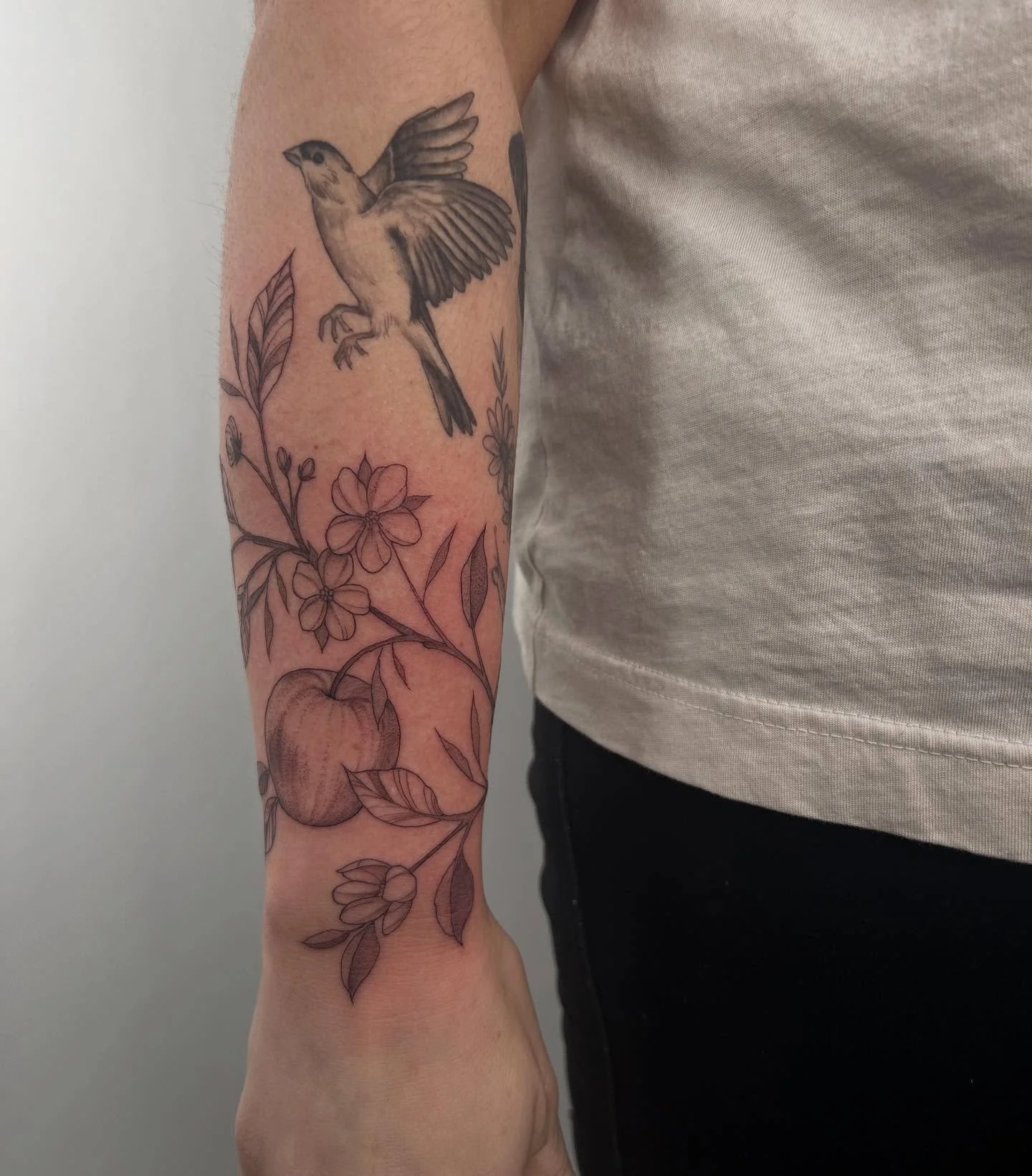 Freehand apple blossom piece to add to Megan&rsquo;s arm. Thanks so much for getting another one by me!