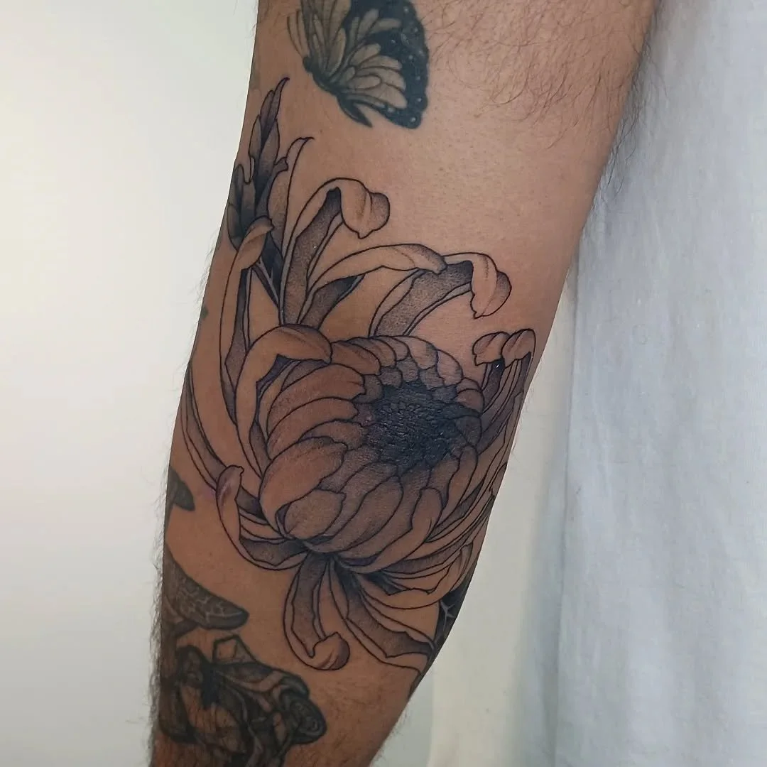 Did this elbow chrysanthemum for Luis the other day. Can't believe how well he powered through such a pinchy spot!
.
.
.
.
.
.
.
.
.
.
.
.
.
.
#crysanthemum #tattoo #floraltattoo #dotworktattoo