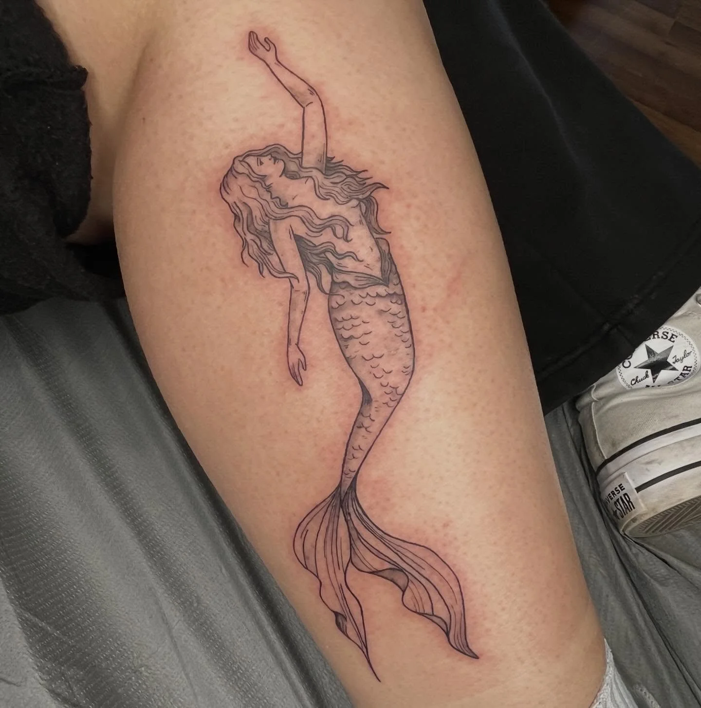 I LOVE a mermaid tattoo. You should probably get one 🧜🏼&zwj;♀️ 🌊 🌅🐬 I&rsquo;m currently booking appointments for March &amp; April. Fill out the booking form linked in my bio to get your next tattoo w me this spring 💗