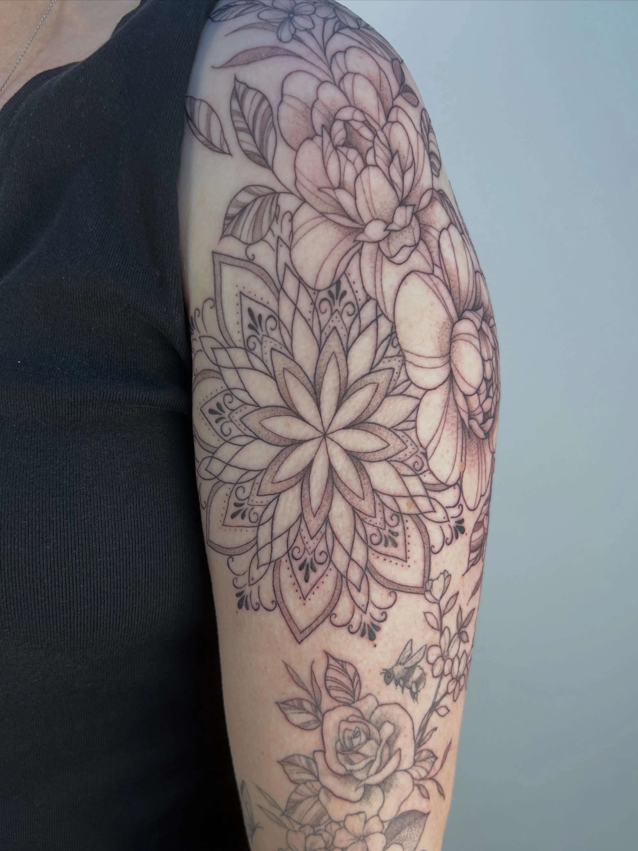 Mandala and peonies for Jessica&rsquo;s shoulder piece! We started with a small project and now we are working into a sleeve. Can&rsquo;t wait to continue this project! Thanks for the trust Jessica.