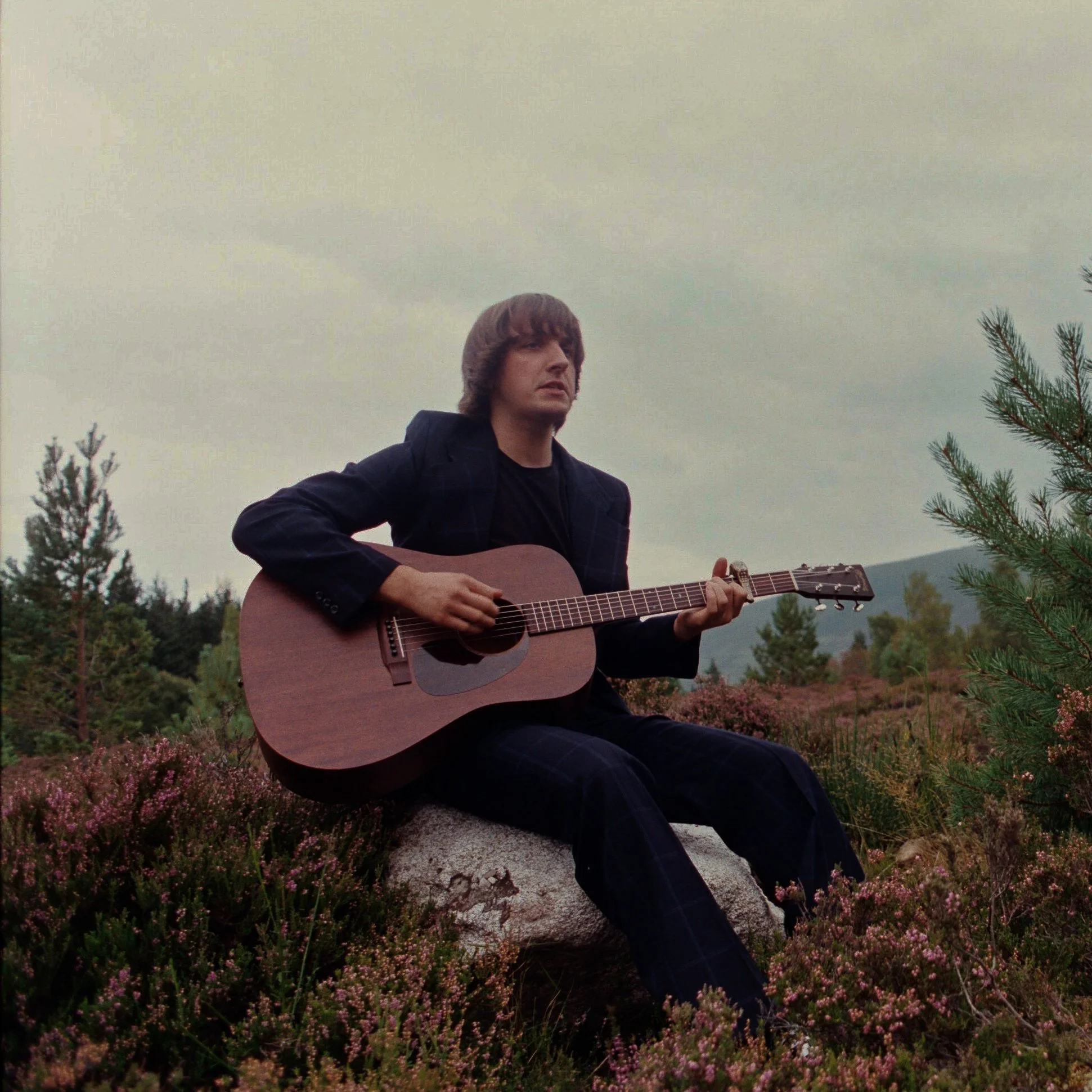 A young man playing an acoustic guitar outdoors among trees and pink flowers under a cloudy sky.