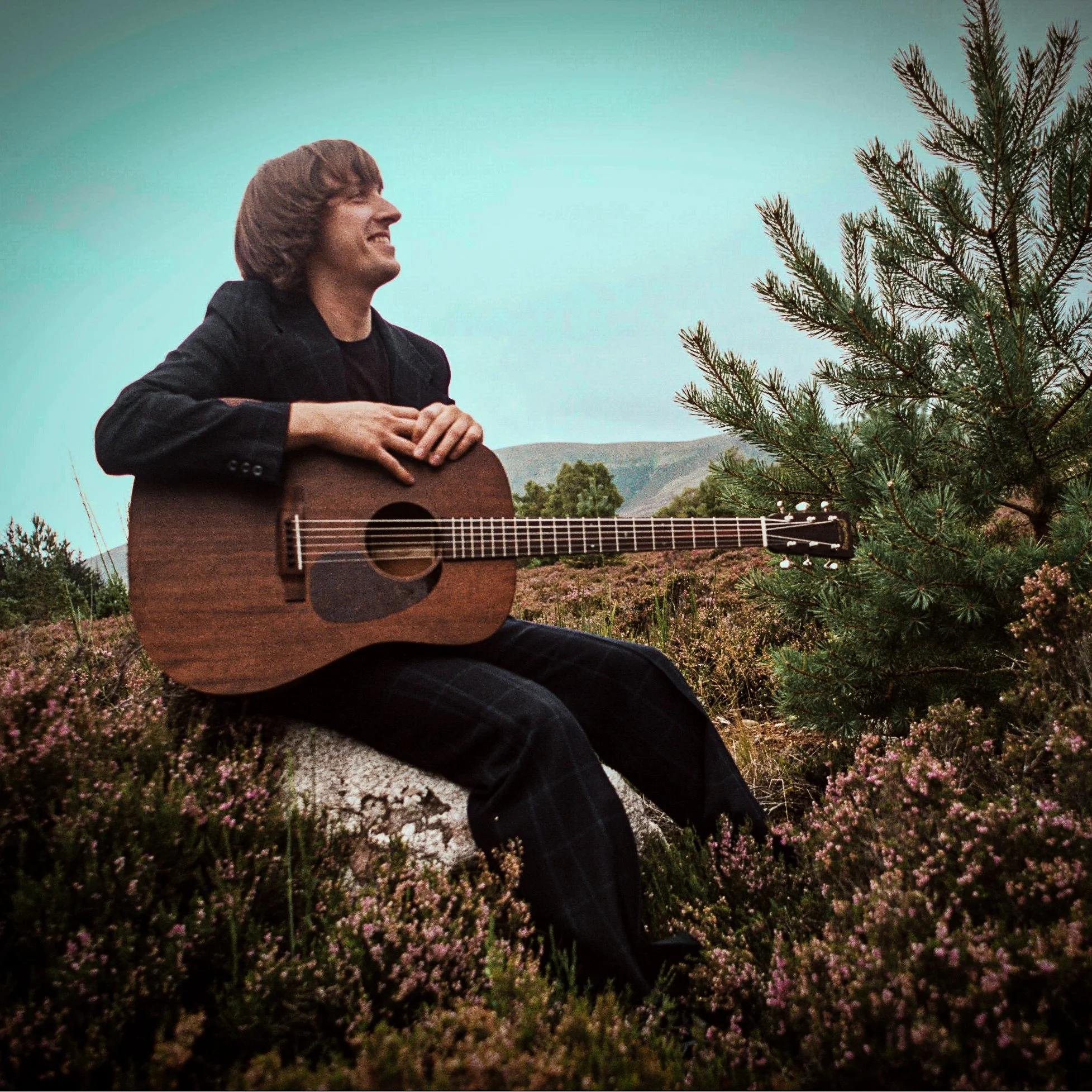 A person sitting outdoors at night, playing an acoustic guitar, near a pine tree, with a mountainous landscape in the background.