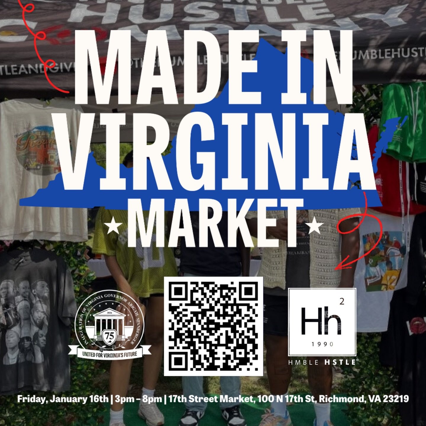 Hi Richmond Family!!! 🗣️
HMBLE HSTLE Clothing is honored to join Virginians across the Commonwealth in celebrating the inauguration of Abigail Spanberger this January! Come find us at the Made in Virginia Market on Friday, January 16th from 3-8pm at