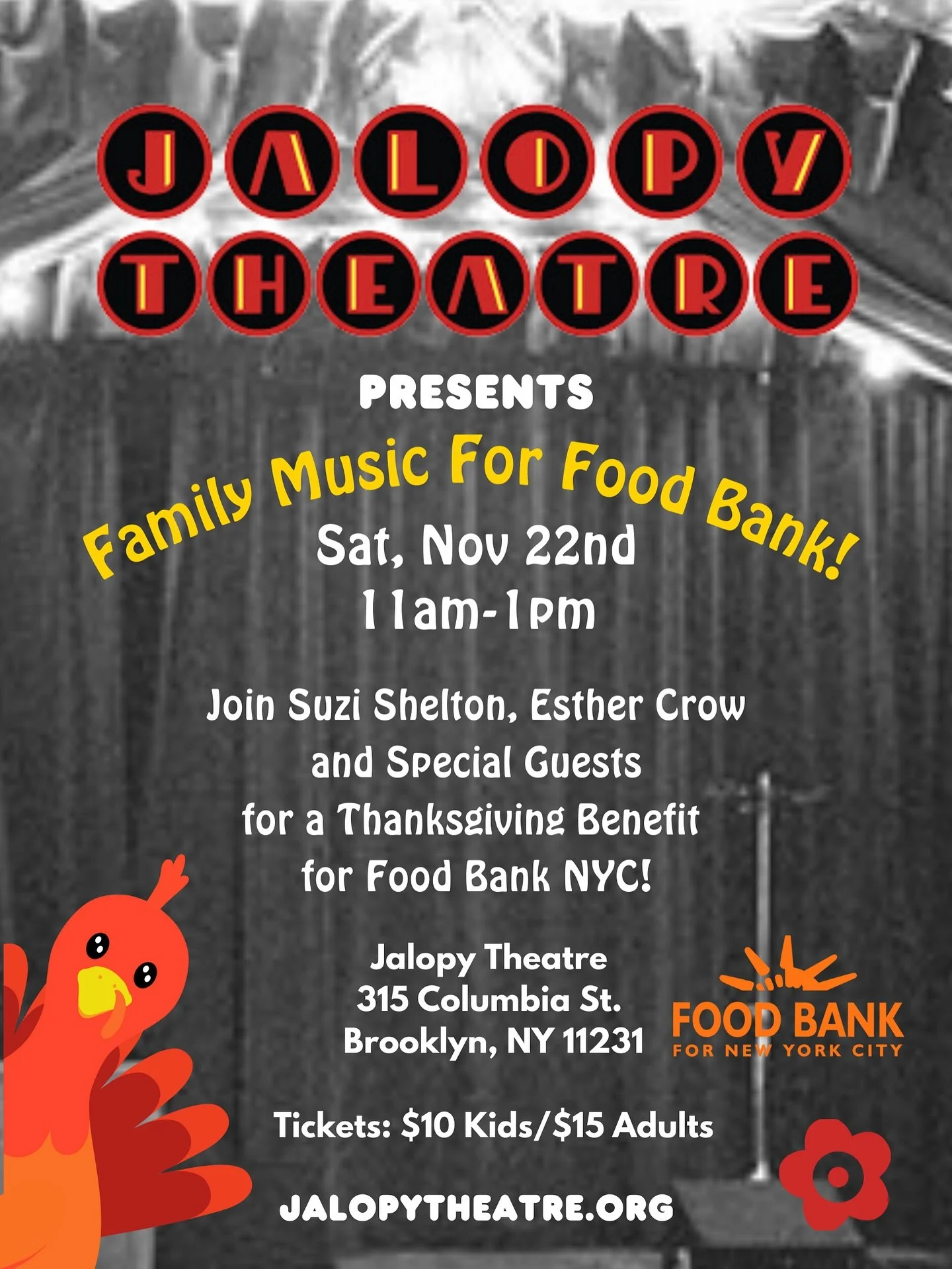 The big show is almost here! Don't miss all of the amazing performers getting together for a good cause @jalopybrooklyn 

Join @suzimusic, @estocrow and Special Guests for a Thanksgiving Benefit for @foodbank4nyc!
 
Doors: 10:45 am
Show: 11:00 am

Ja