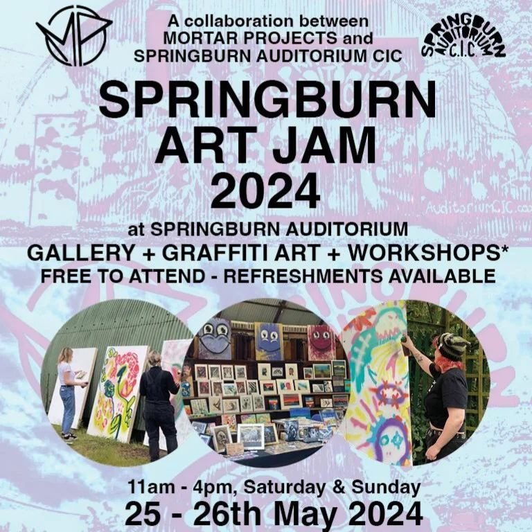 Join our free Springburn Art Jam weekend on 25th + 26th May! 🤩🎨🖌 #SaveTheDate

We are thrilled to welcome back @mortarprojects for this exciting weekend filled with artists re-painting our venue, a vibrant art gallery, and workshops* to take part 