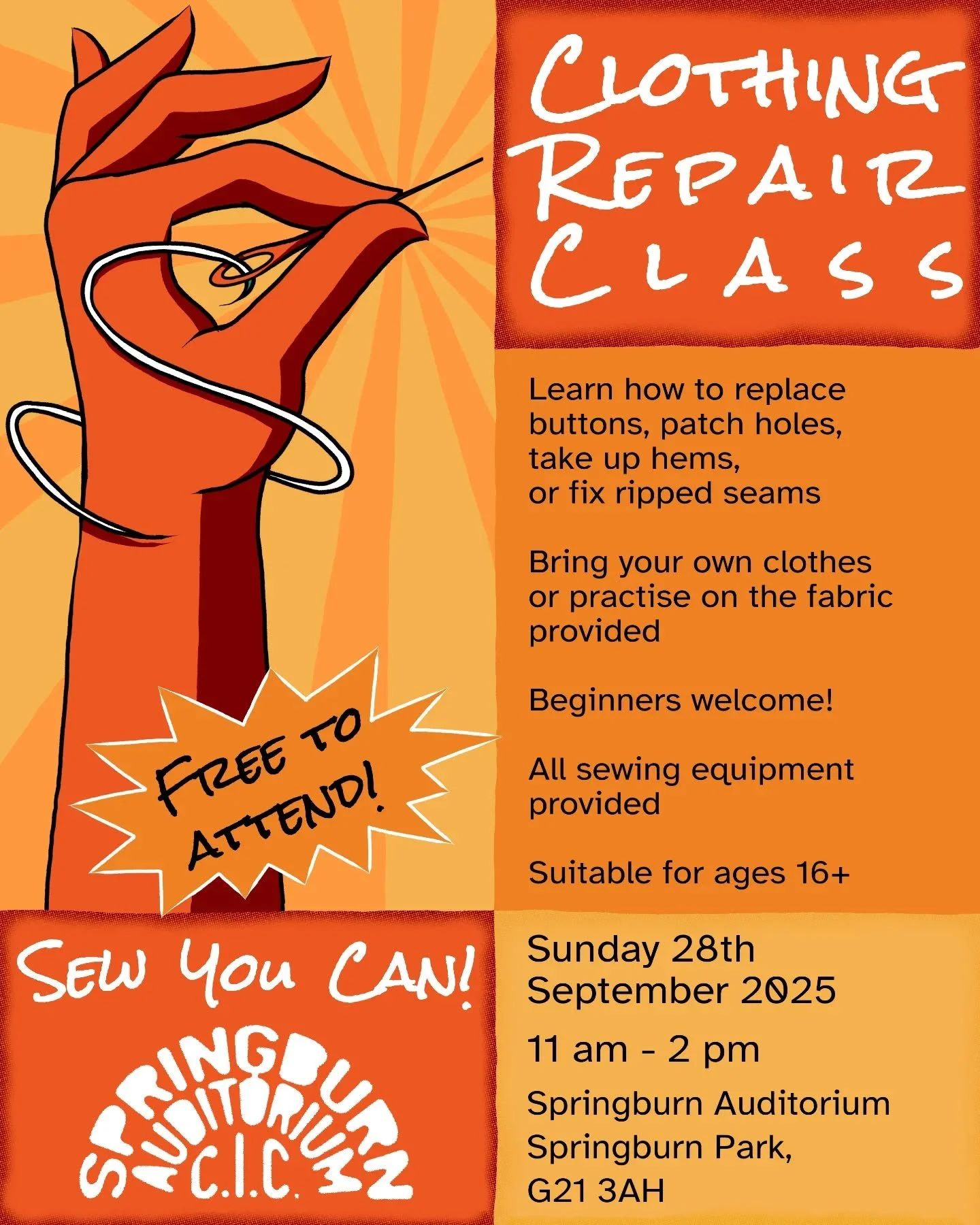 Final reminder of tomorrow's event 'Sew You Can!' with Nicki (they/them) ☺️ Our space is step-free and wheelchair accessible, there is an accessible toilet on site. We are located near the big duck pond in Springburn Park. If you have questions aroun