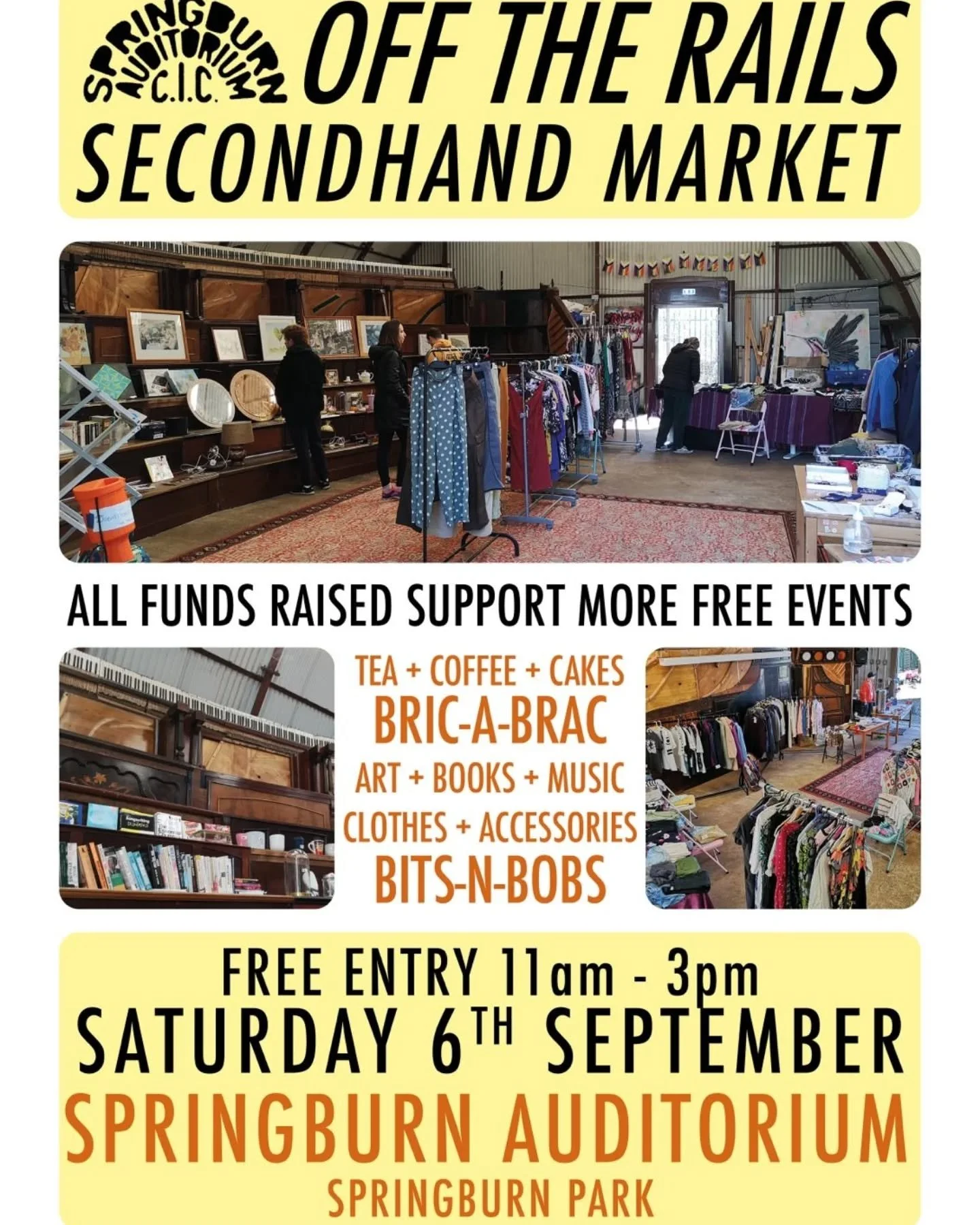 September Events Alert 📣

🛍️ This Saturday, 6th September, we'll be back with our second-hand market Off the Rails from 11am - 3pm. There will be lots of new pre-loved clothing items so come have a look, or just swing by for a cuppa and to find out