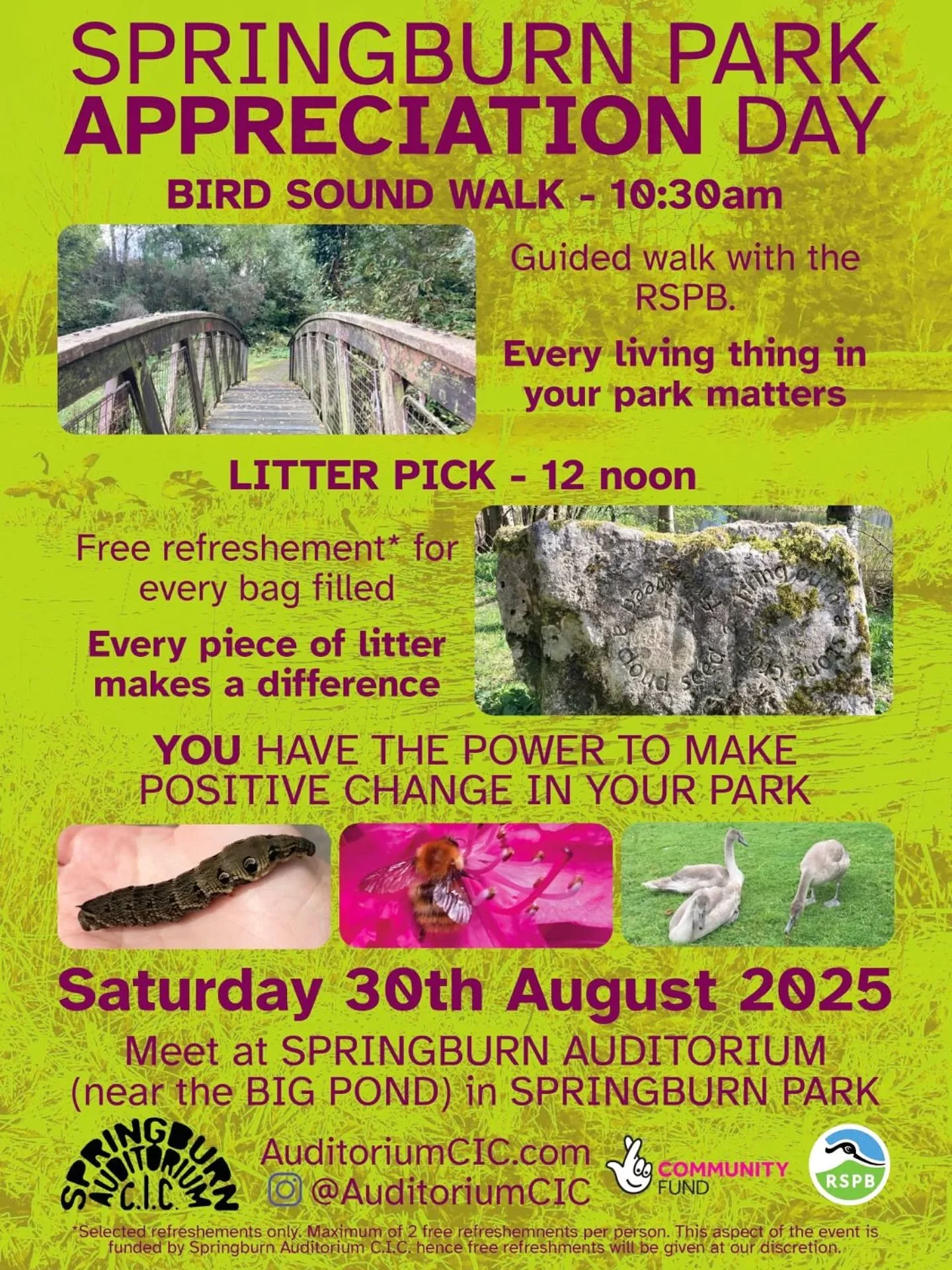 Join us for a morning meet-up this Saturday, 30th August at Springburn Auditorium for our Springburn Park Appreciation Day.

At 10:30am, we will start with a morning walk through the park, guided by the RSPB Glasgow, listening for birds. Let's see ho