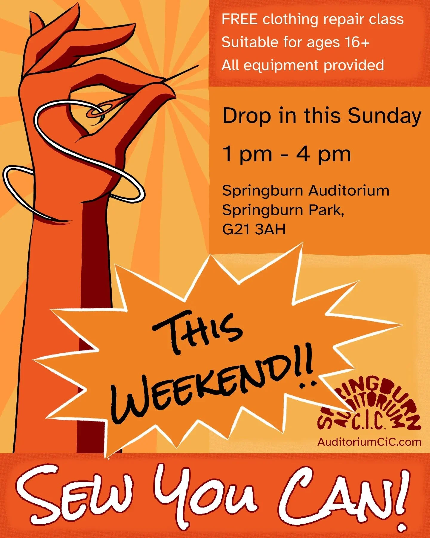 Final reminder - we're open tomorrow 1-4pm with our free drop-in Sew You Can! session and our wee pop-up caf&eacute;. All welcome 👋🪡 Bring along any clothes that need some care, and learn how to repair them, or practice on our fabrics. It'll be a r