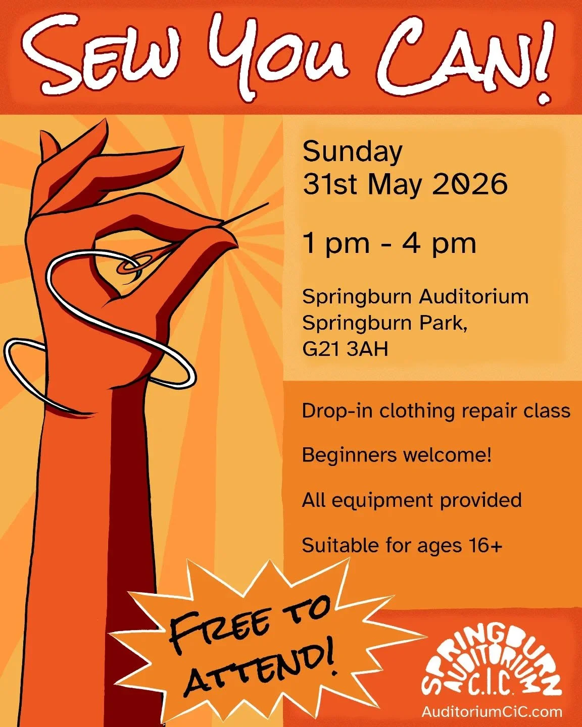 Join us on Sunday, 31st May, for our FREE drop-in sewing-class &ldquo;Sew You Can!&rdquo;. Practice your sewing skills in a relaxed community setting with help of our facilitator Nicki (they/them), or bring your own projects to work on in company. 

