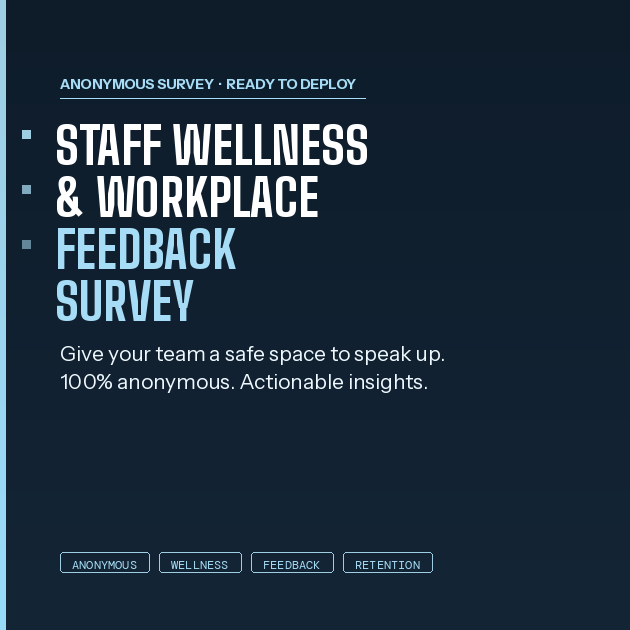 Anonymous staff wellness and workplace feedback survey for animal shelters. Give your team a safe space to speak up. Ready to deploy, actionable insights.