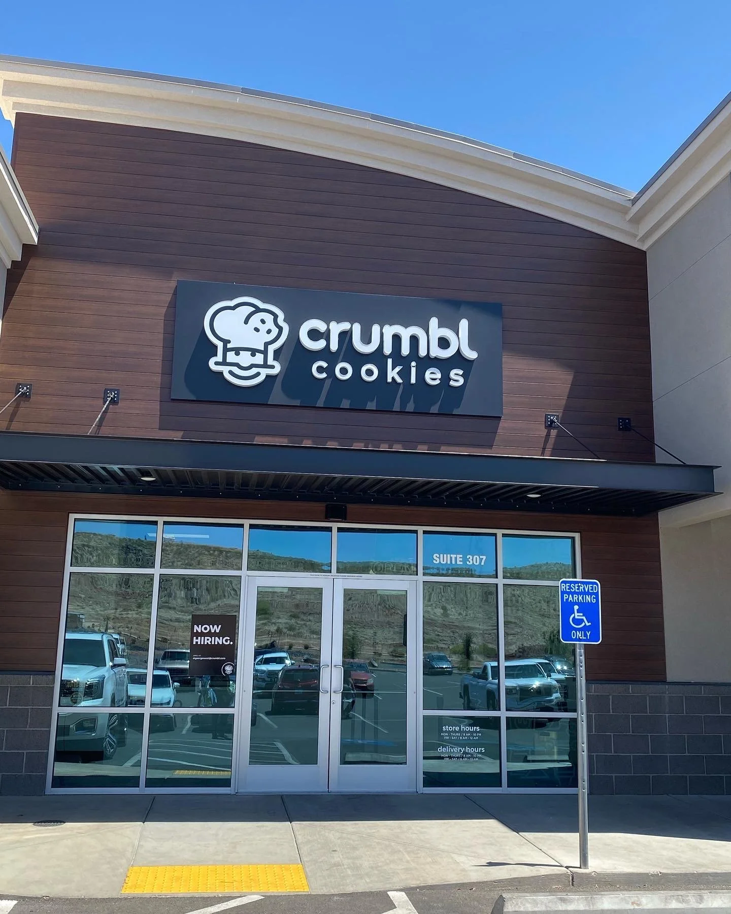 Commercial window cleaning of Crumble Cookie's storefront. Making it shine after professional window cleaning by 3SIXTY, enhancing curb appeal.