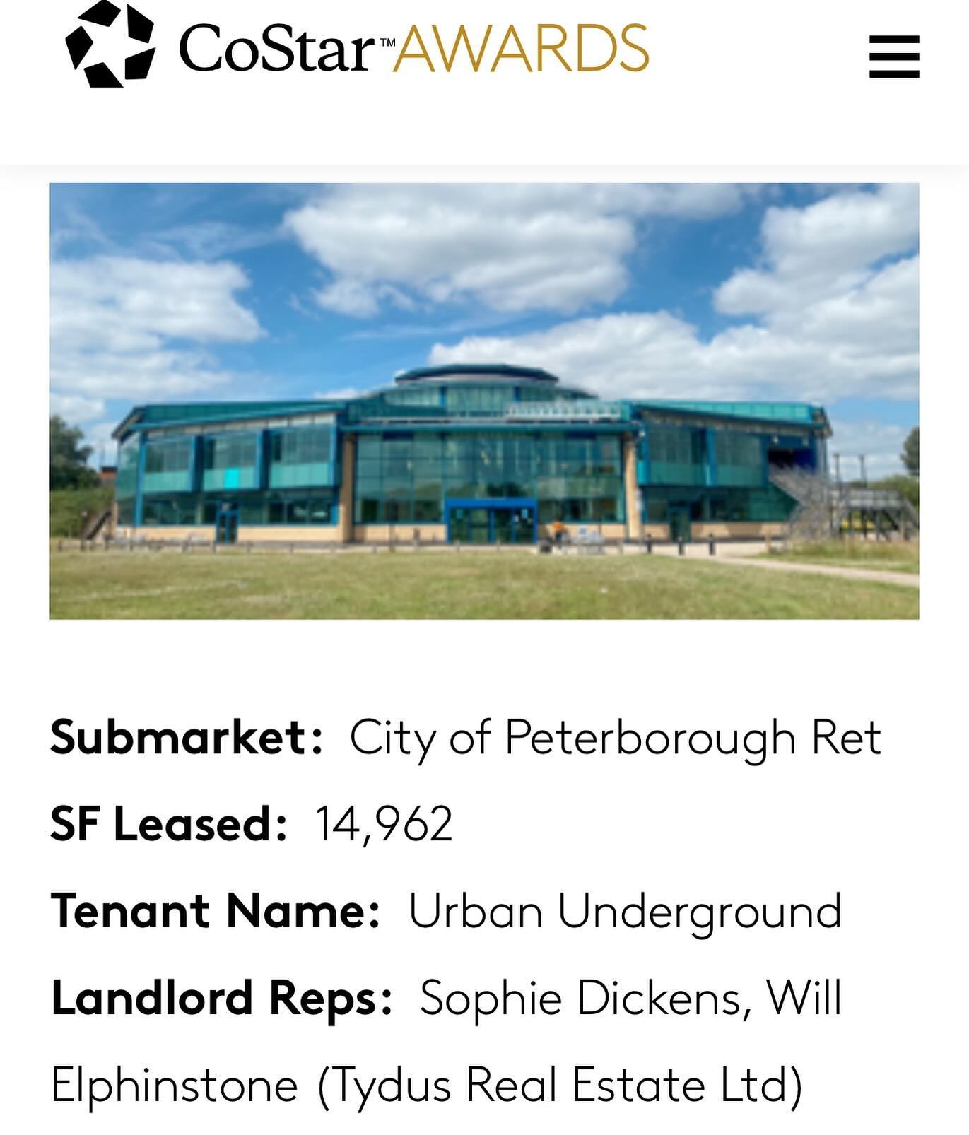 *Q1 2024 Award Winners* Congratulations to @sophiedickens6465 for her &lsquo;Top Retail Leasing Deal for Q1 2024&rsquo; Award from @costarsocial for her letting to @urbanunderground_peterborough who have taken the space at Rotunda, Serpentine Green. 