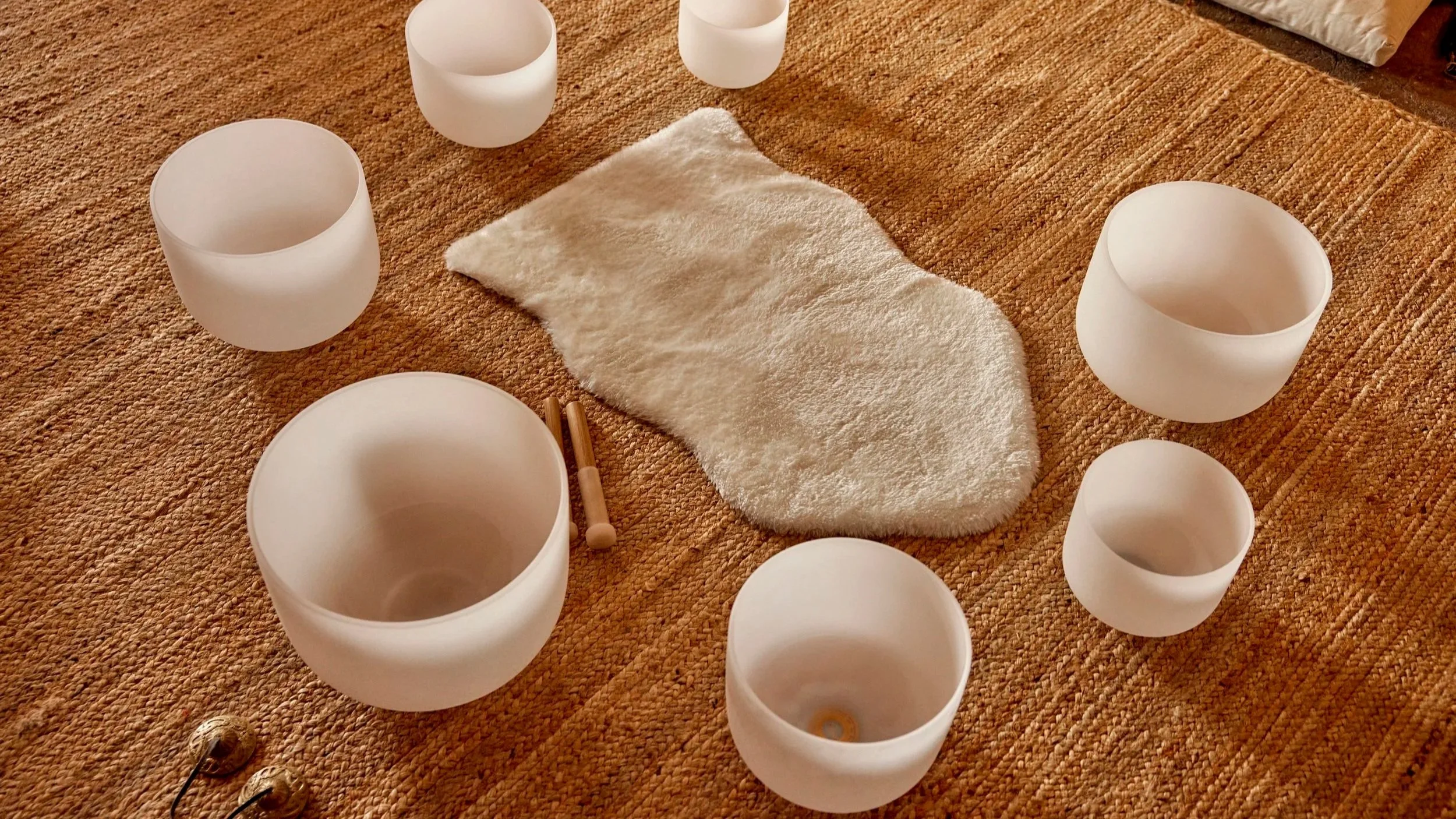 Sound bath setup in Royersford PA with crystal singing bowls and meditation space