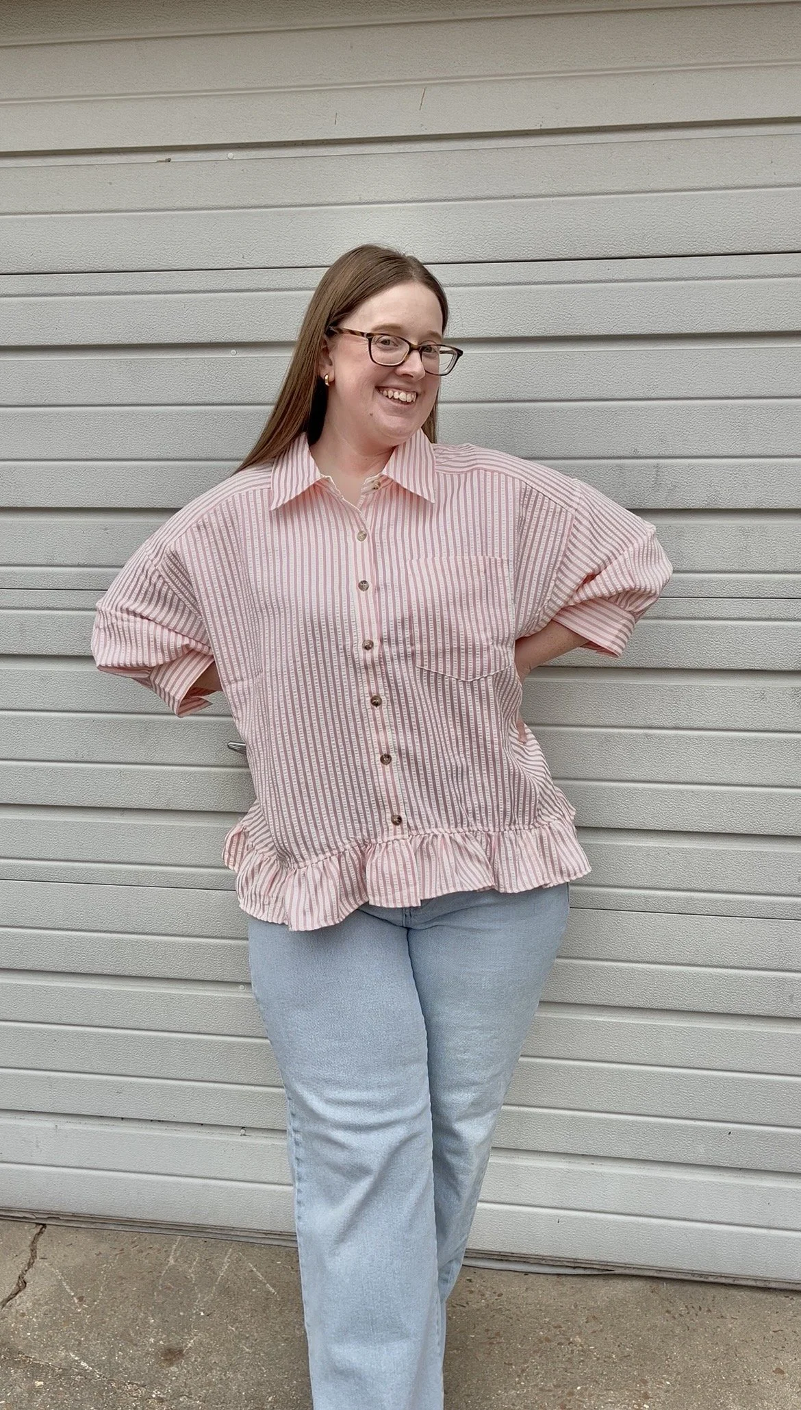 Pink Striped Ruffled Top - Curvy
