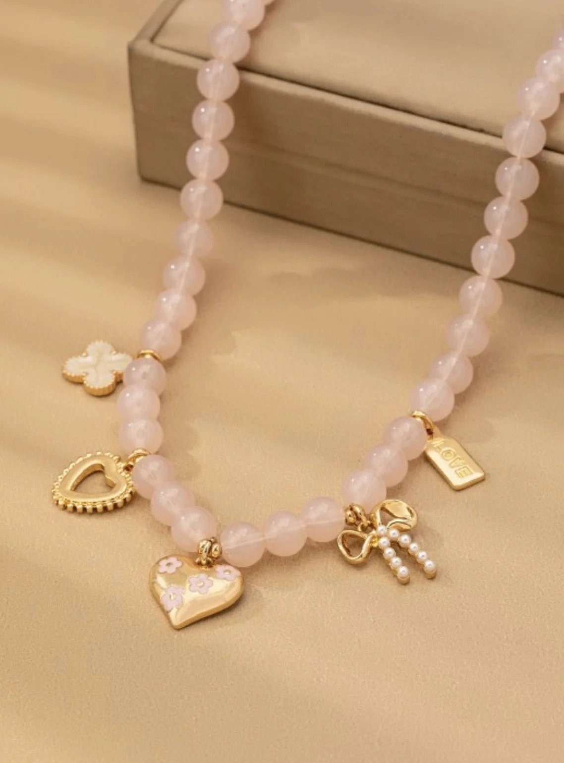 Pink Beaded Heart Charm Necklace