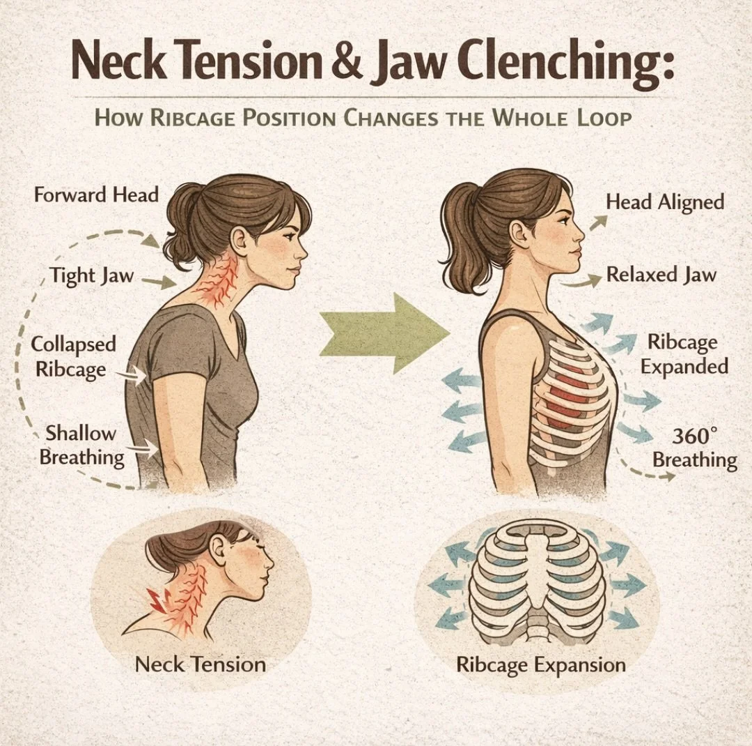 Neck Tension and Jaw Clenching: How Ribcage Position Changes the Whole Loop (and What to Do Next)