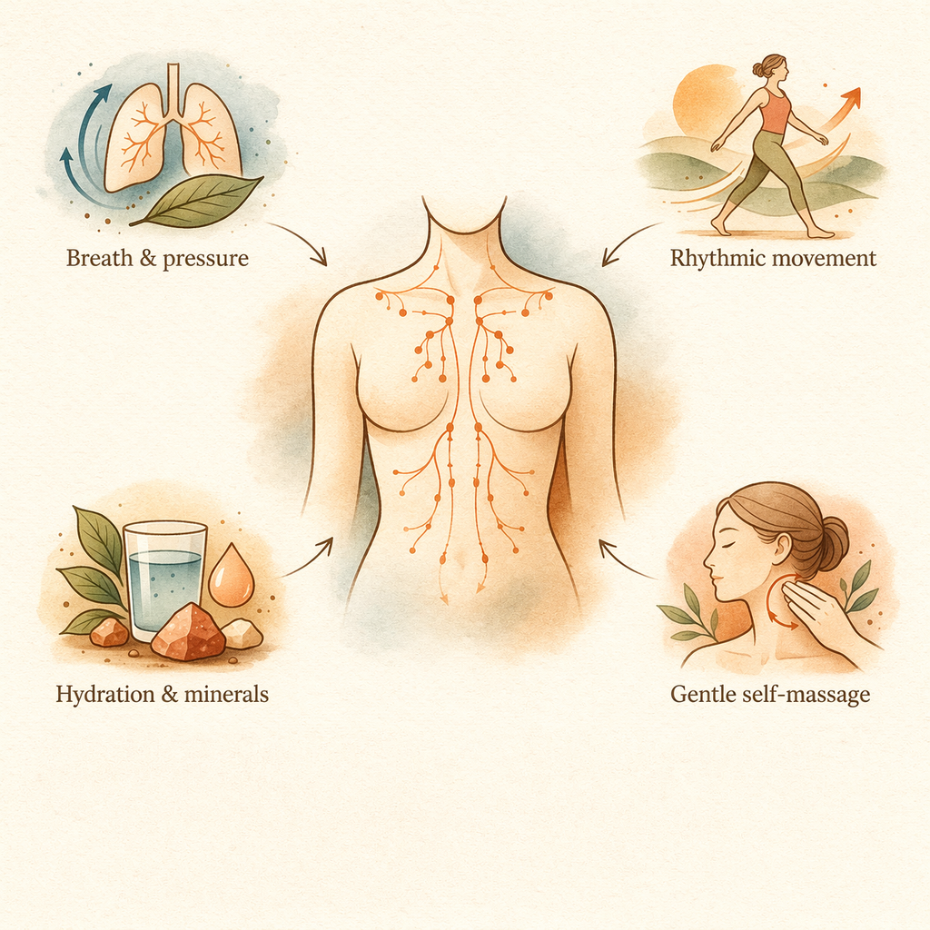 Diagram illustrating wellness practices: breathing exercises, rhythmic movement, hydration and minerals, and gentle self-massage for the nervous system.