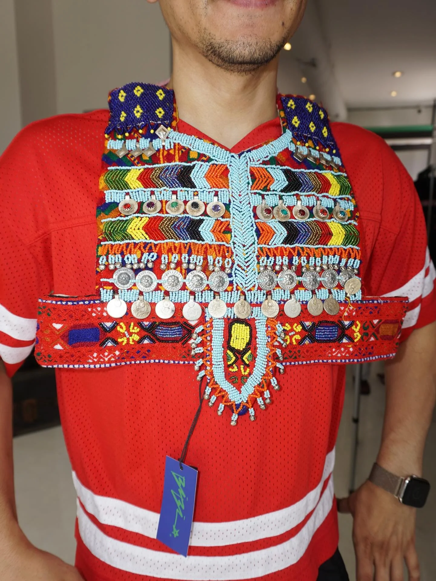 trying on the bibi bling from afghanistan ❤️🌹 #kochi beaded chest piece and #1of1 ruby red ring #timeless #tribal