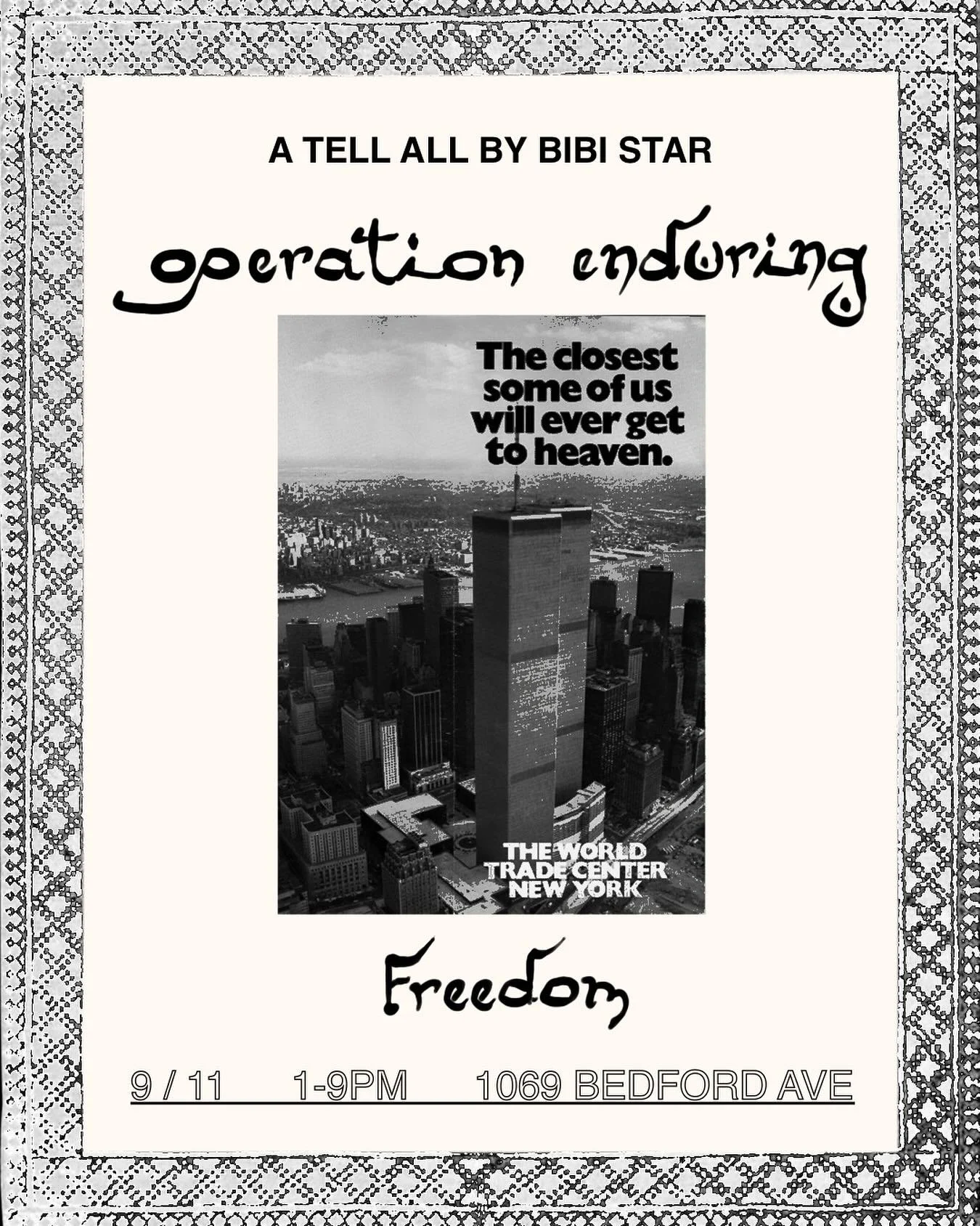 OPERATION ENDURING FREEDOM ★  9/11 art exhibit + NYFW runway pop-up ★ opening mixer + fashion show on 9/11, 1-9pm ★  @bibistarbazaar runs from 9/12-9/14 ★  1069 Bedford Ave ★ rsvp in bio