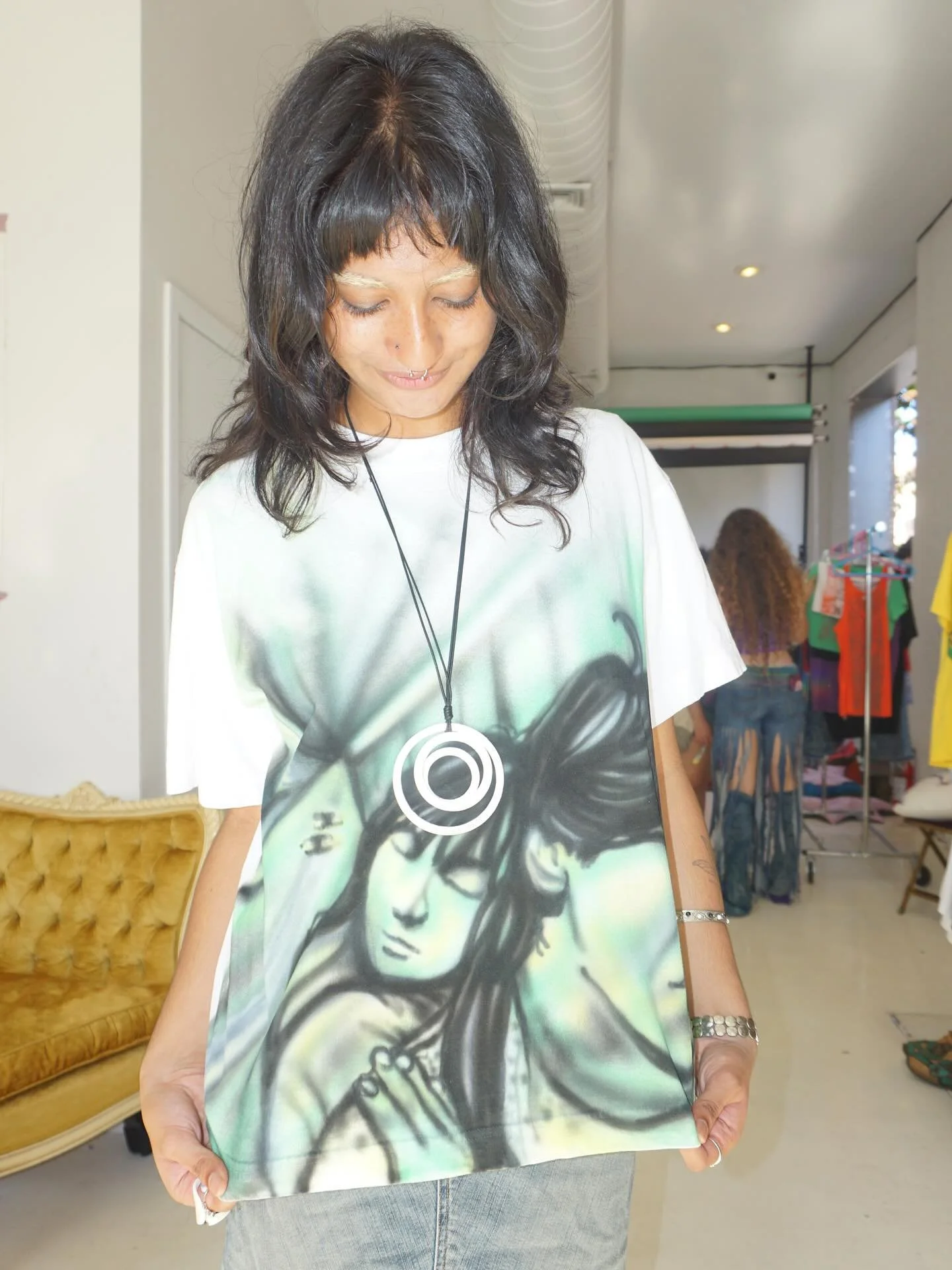 come try on custom airbrush at our event + bazaar this weekend 9/11-9/14 #nyfw #popup ♡♡ @thoughtdaught3r wearing the FALLEN ANGELS TEE made to order ♡