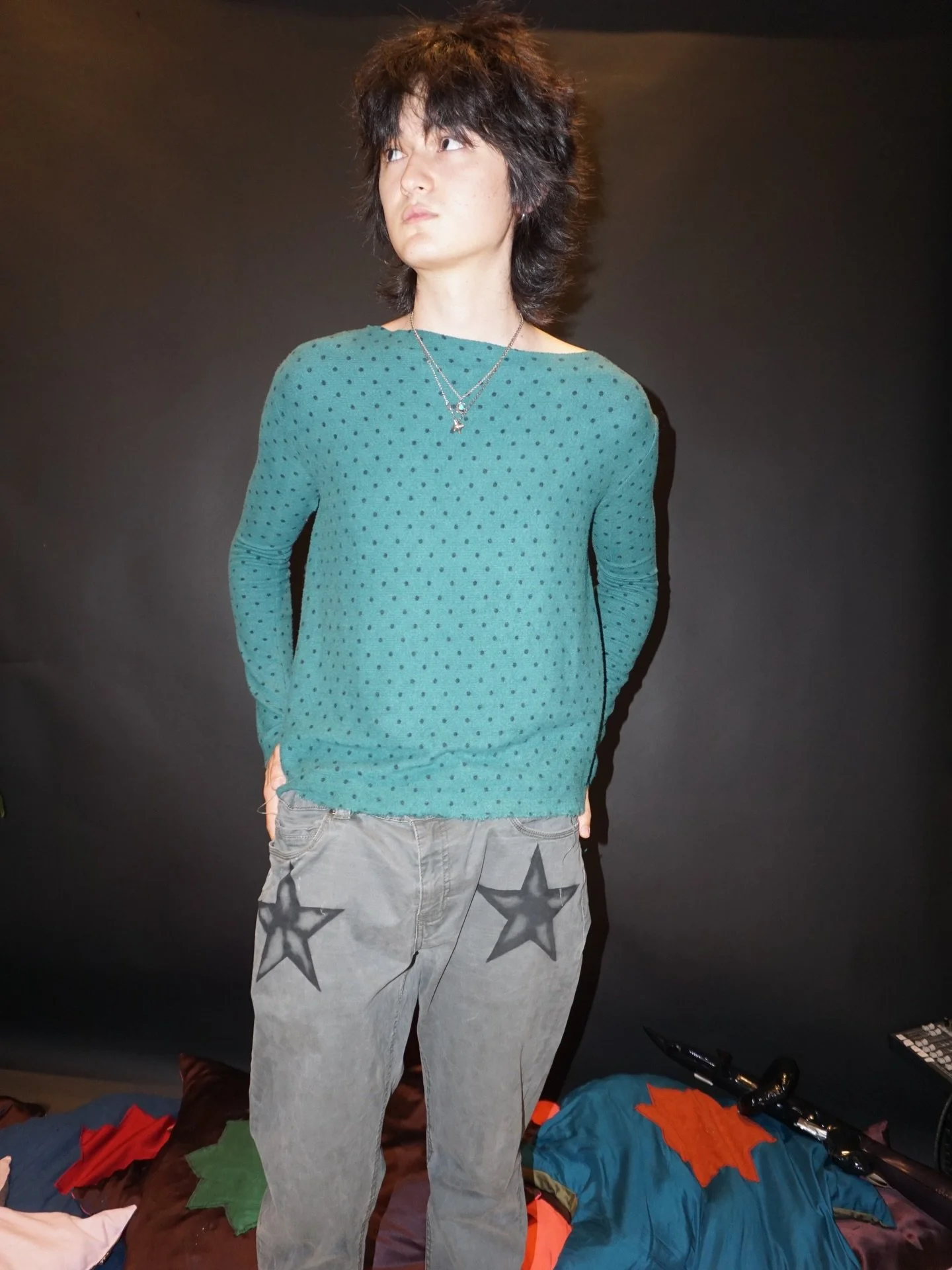 charlie angel @kup4108 wearing the baby soft polka dot pullover made from reclaimed designer fabric and lonestar jeans