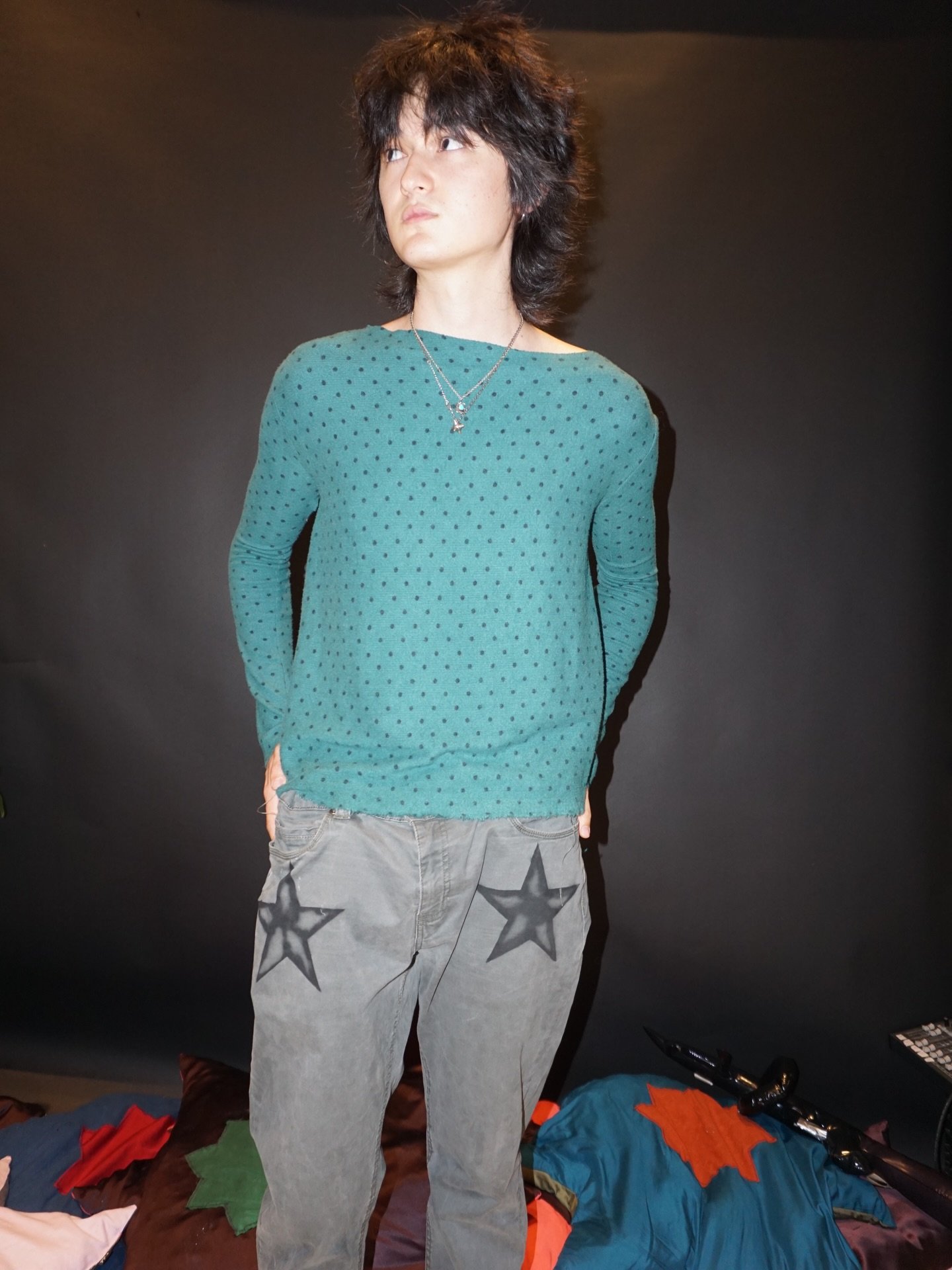 charlie angel @kup4108 wearing the baby soft polka dot pullover made from reclaimed designer fabric and lonestar jeans