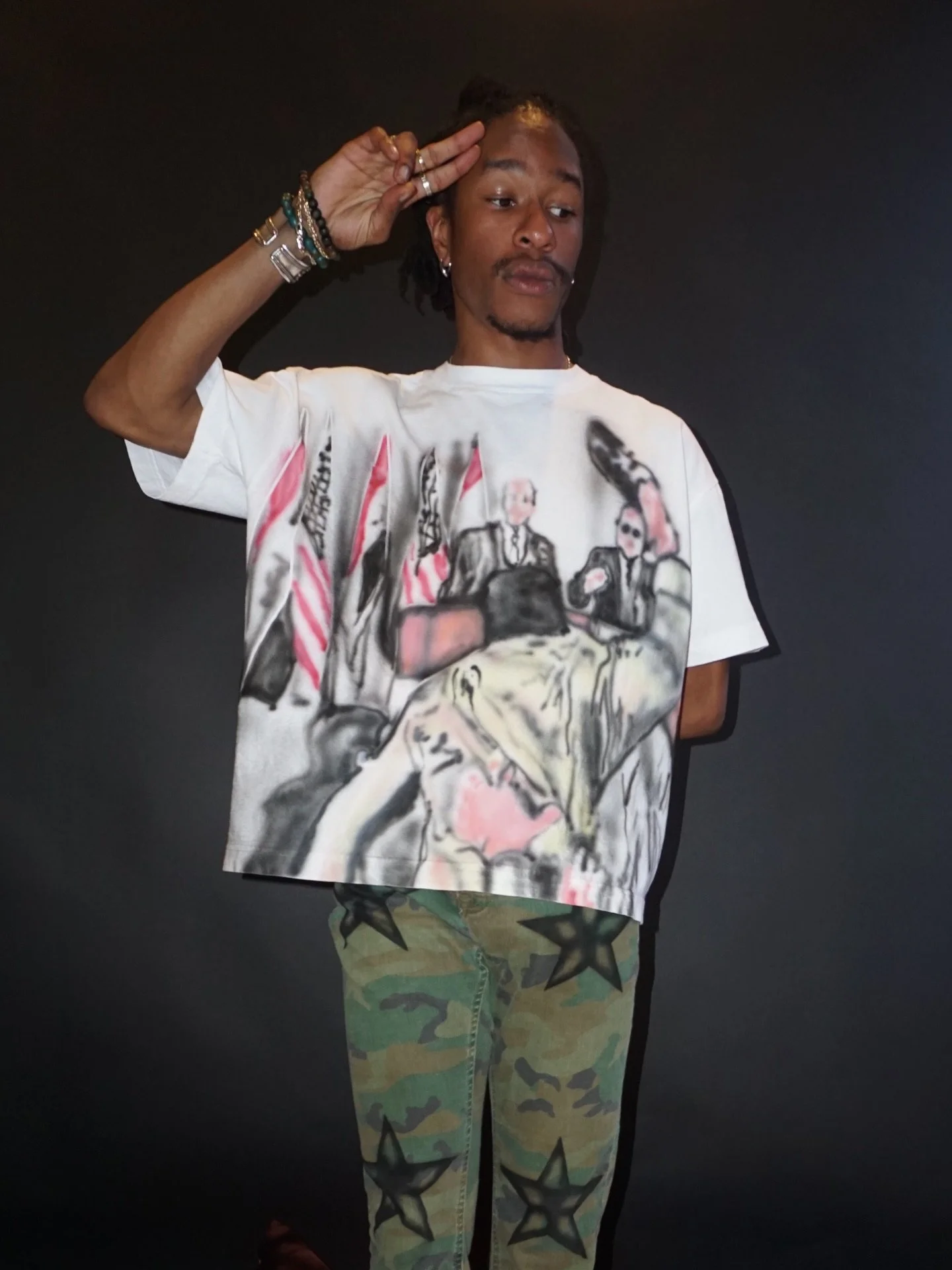 @deleteian in The Shoe Incident ★ #airbrush #custom Bush shirts for our 9/11 #nyfw #bazaar #SOLD