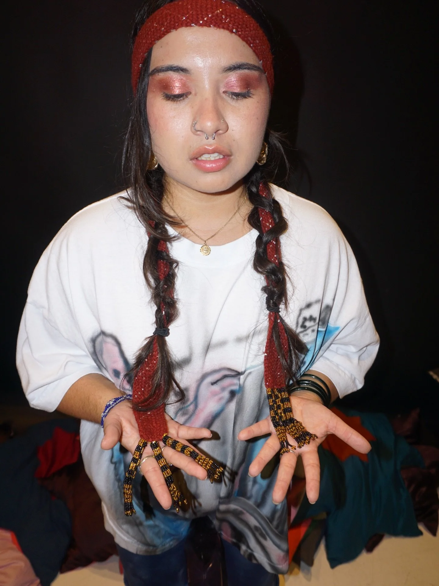 gorgeous @ivannarodriguezrojas wearing the b*sh custom airbrush, navy tie dye shorts, &amp; a waga she braided so beautifully in her hair