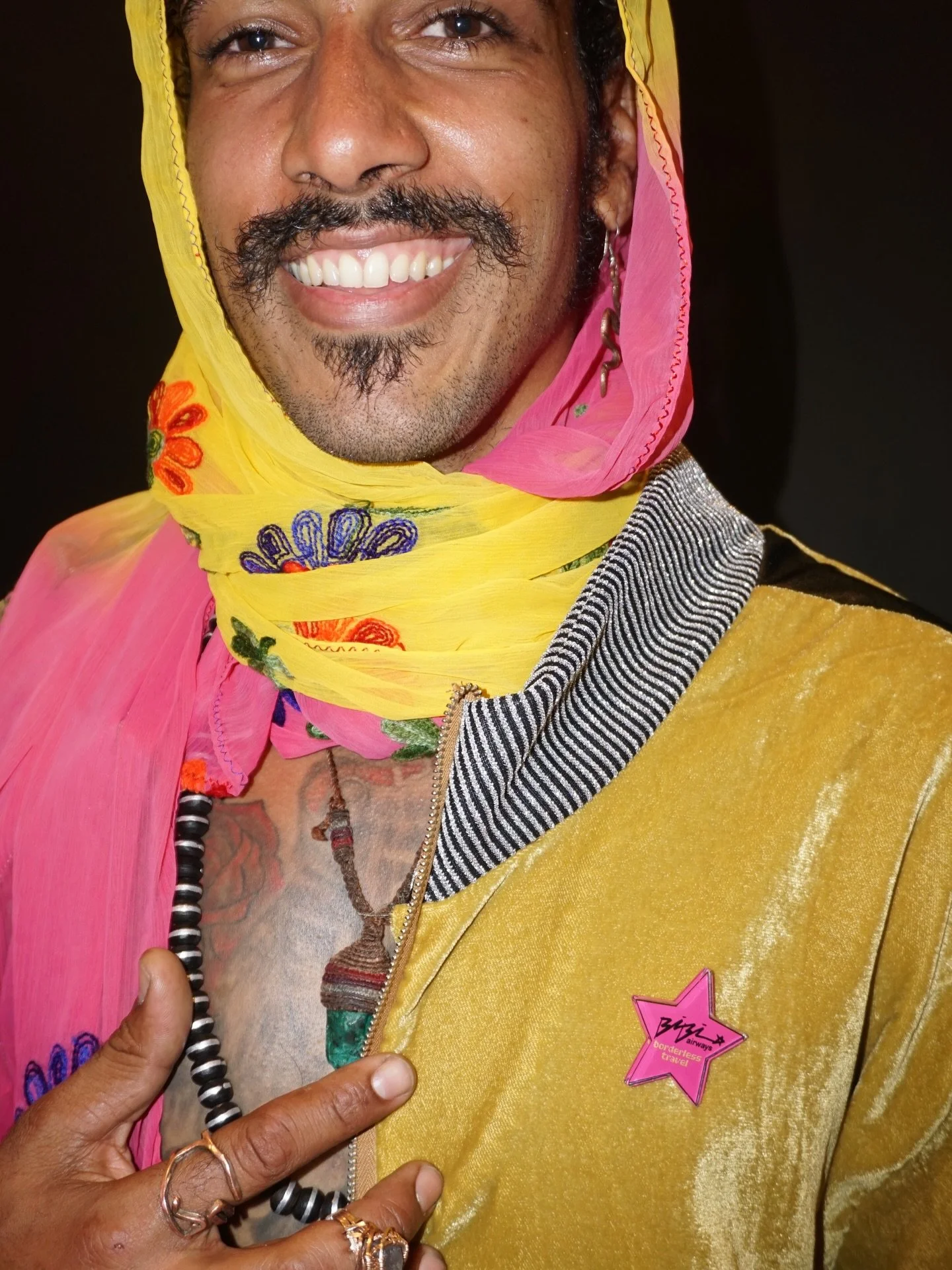 BIBI STAR AIRWAYS borderless travel ☆ flight attendant guiding our 9/11 #nyfw runway ☆ ready for take off in the velvet STUNNERS JACKET 

this show was a commentary on the propaganda of 9/11 and the ramifications of borders - building a new fantasy f