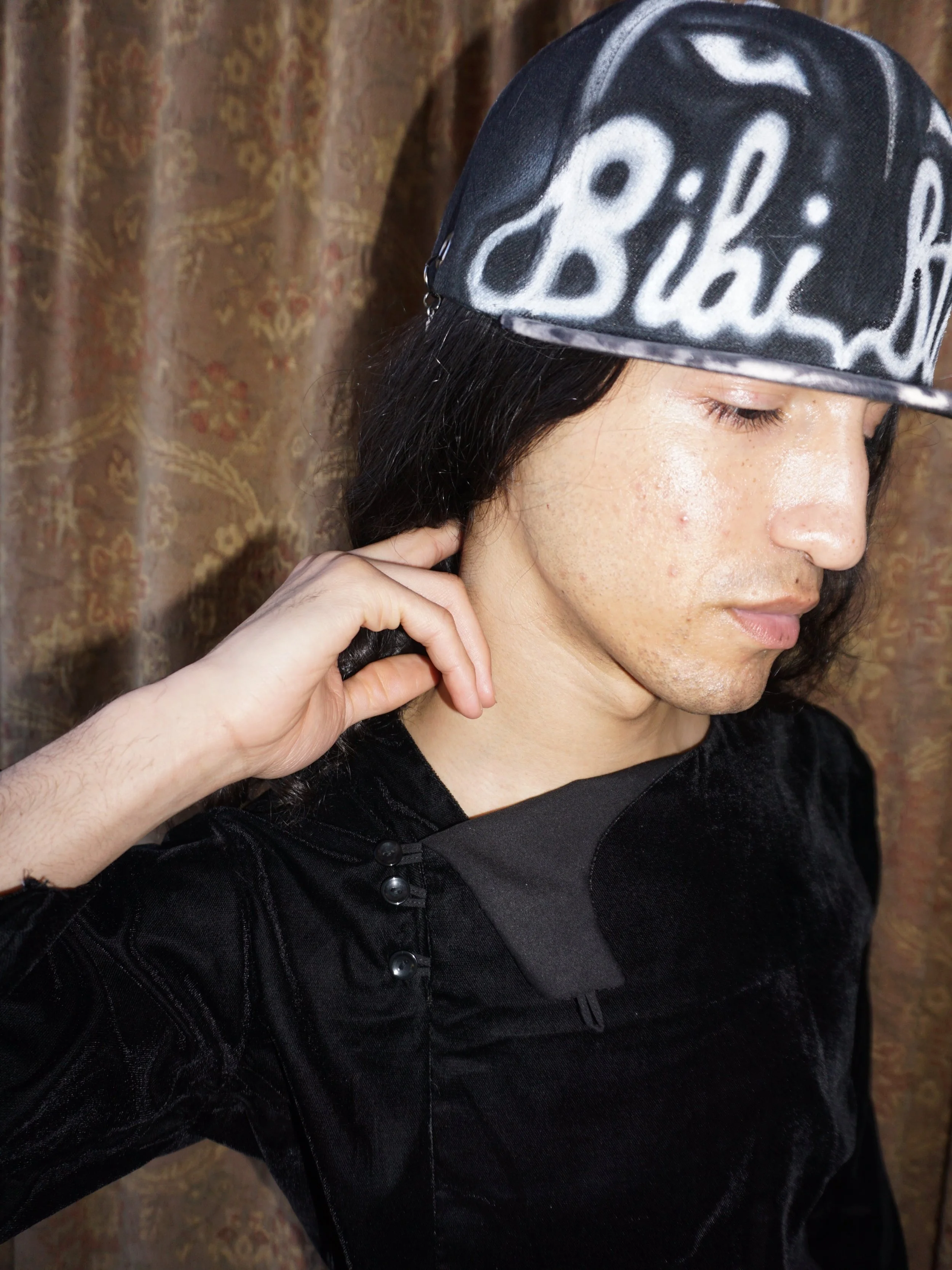 @nicooomann wearing the black velvet shirin kamis from afghanistan and airbrush cheetah snapback ☆