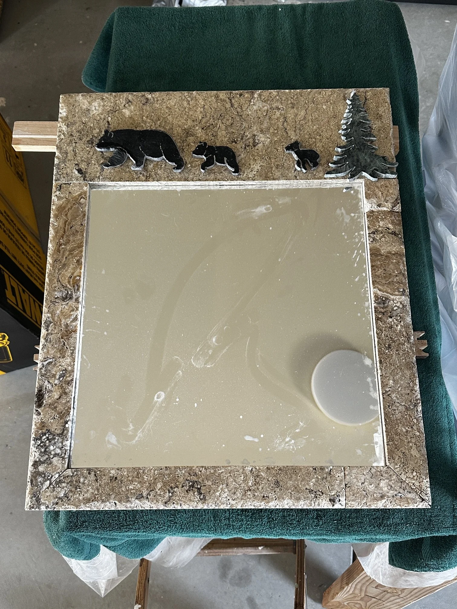 Wait For Me--My new line of Stone Mosaic Mirrors. Black cubs chase after mom in this mirror perfect for Rustic home, cabins, mountain homes.  #mountainart #rustichomedecor #cabindecor #rusticmirror #bearmirror