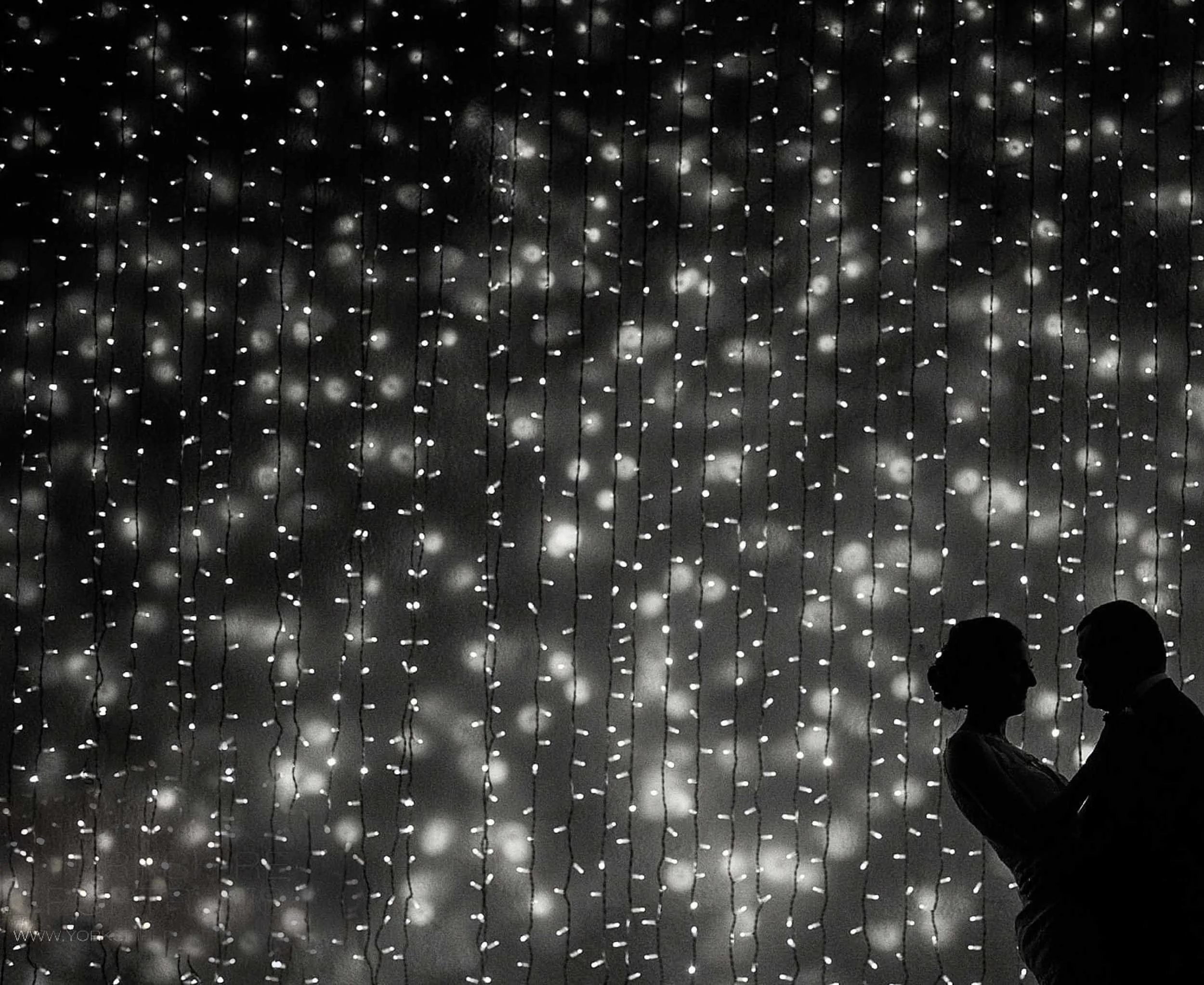 Silhouettes of a couple in a romantic pose against a backdrop of hanging string lights.