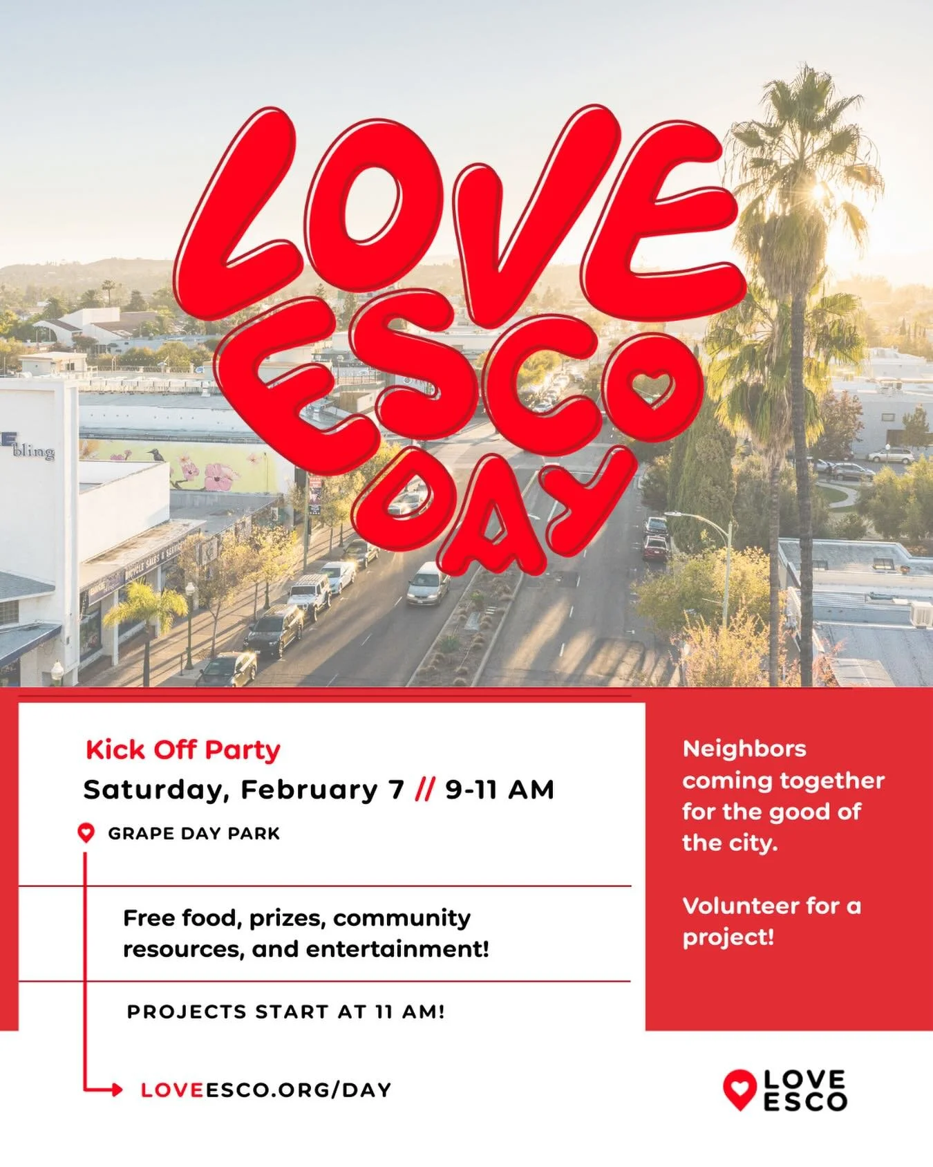 ❤️ Love Esco Day is almost here! ❤️

Free food, prizes, music, and a citywide movement of neighbors serving neighbors.

📍 Grape Day Park
📆 Saturday, Feb 7
⏰ Kick Off Party 9-11am
🪏 Projects begin at 11am

👉🏽 Tag a friend you&rsquo;re bringing an