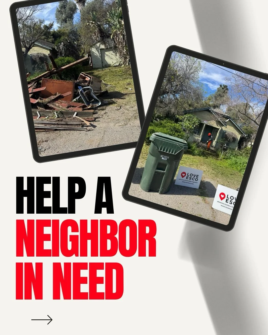 Help a Neighbor in Need! ❤️

An Escondido neighbor, an elderly widow who once filled her yard with trees and flowers, could use some love from the community. We&rsquo;re coming together to haul debris, pull weeds, clean outdoor furniture, and organiz